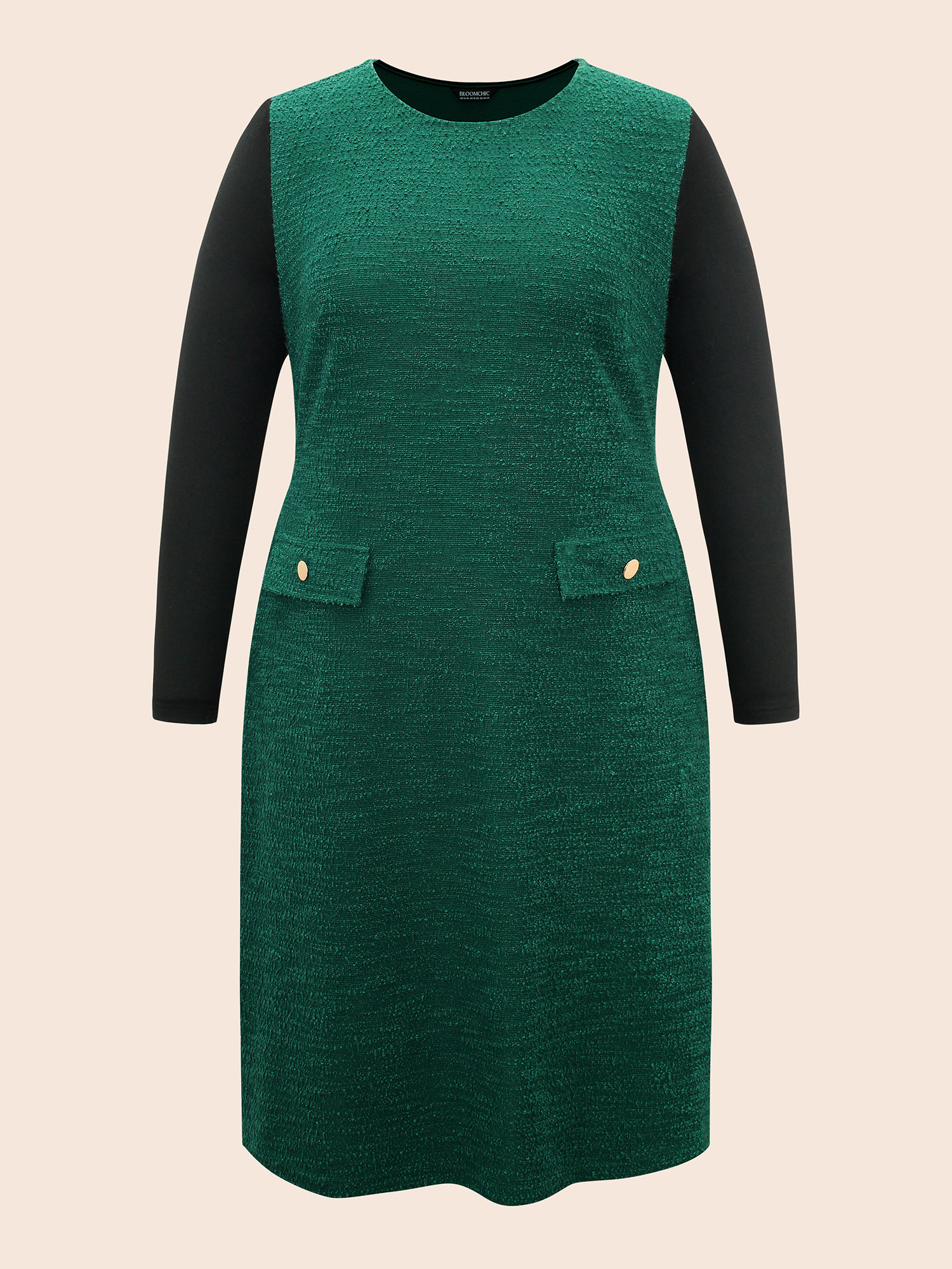 

Plus Size Textured Patchwork Flap Detail Dress DarkGreen Women Elegant Texture Round Neck Long Sleeve Curvy BloomChic