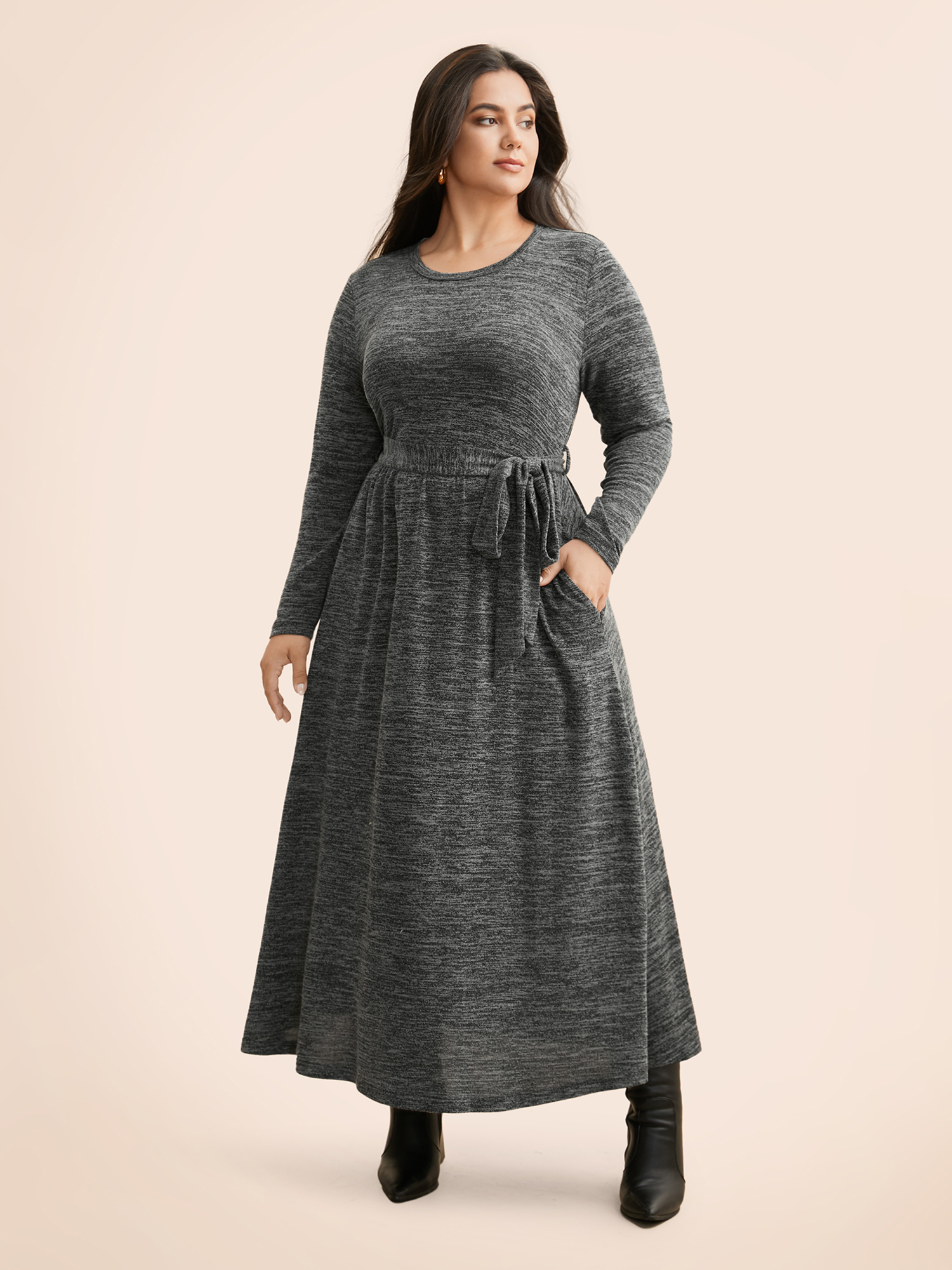 

Plus Size Round Neck Heather Belted Dress DimGray Women At the Office Texture Round Neck Long Sleeve Curvy BloomChic