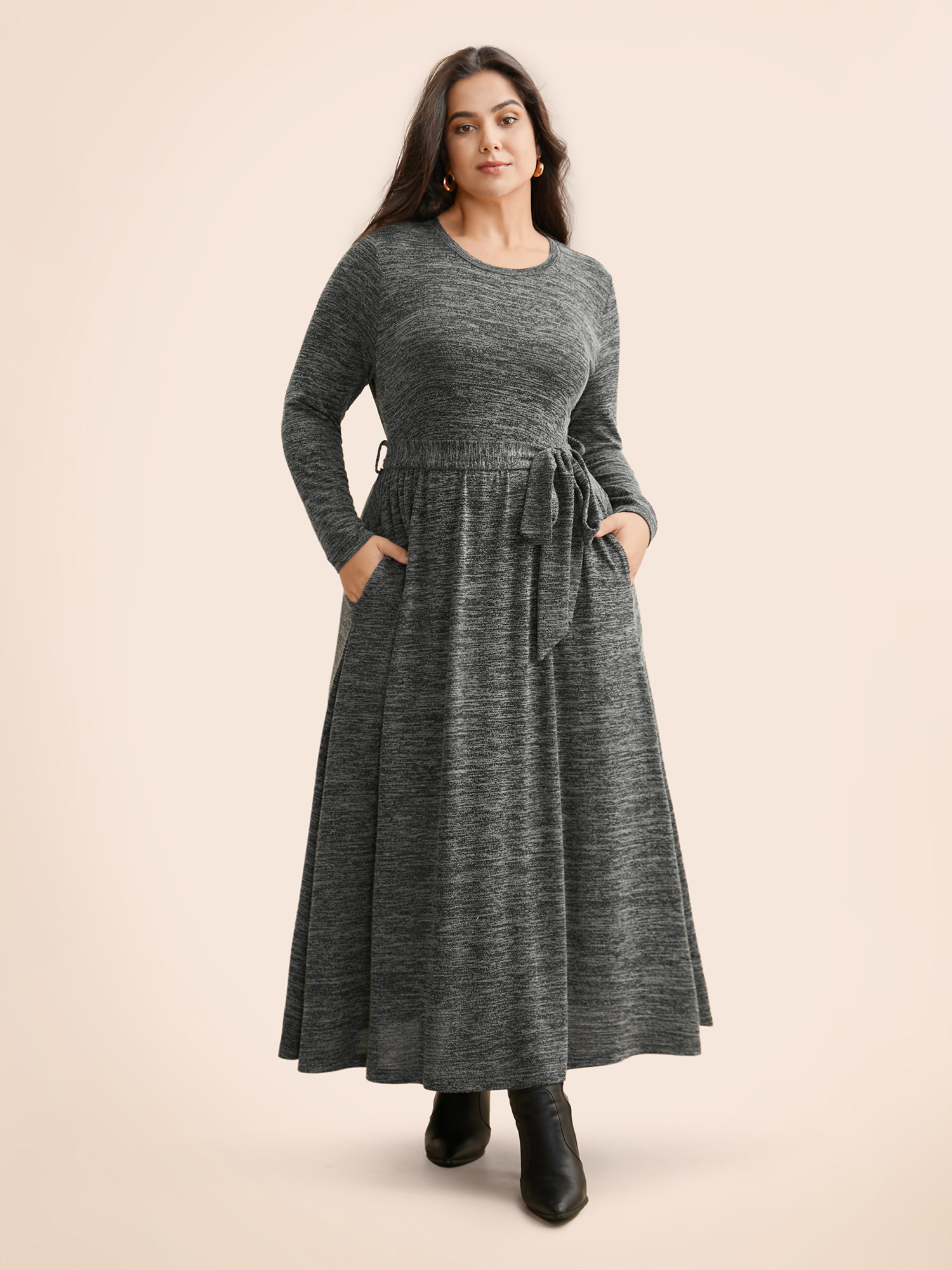 

Plus Size Round Neck Heather Belted Dress DimGray Women At the Office Texture Round Neck Long Sleeve Curvy BloomChic