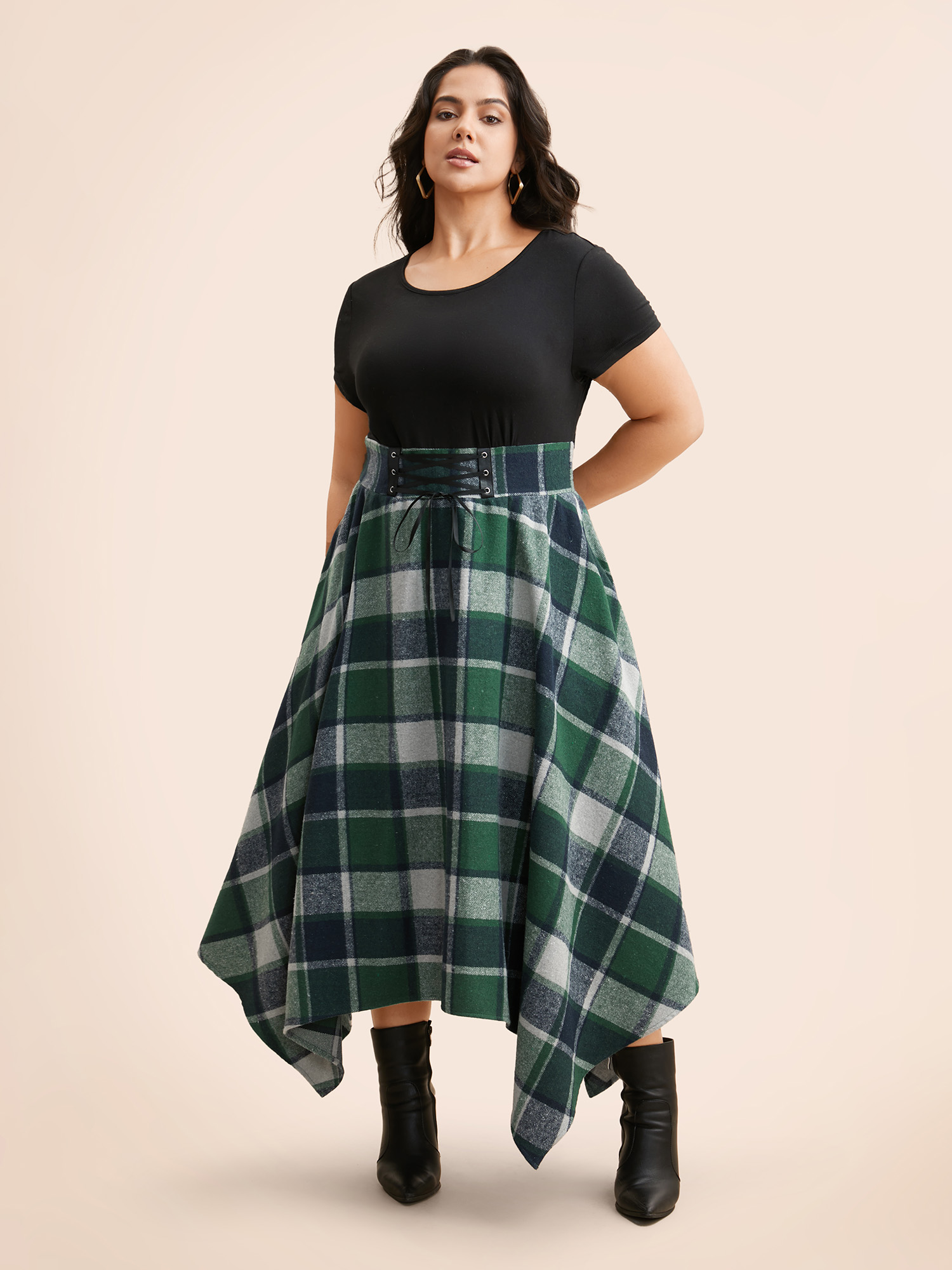 

Plus Size Elastic Plaid Asymmetrical Hem Dress Emerald Women Cocktail Wraparound straps Party Curvy Bloomchic