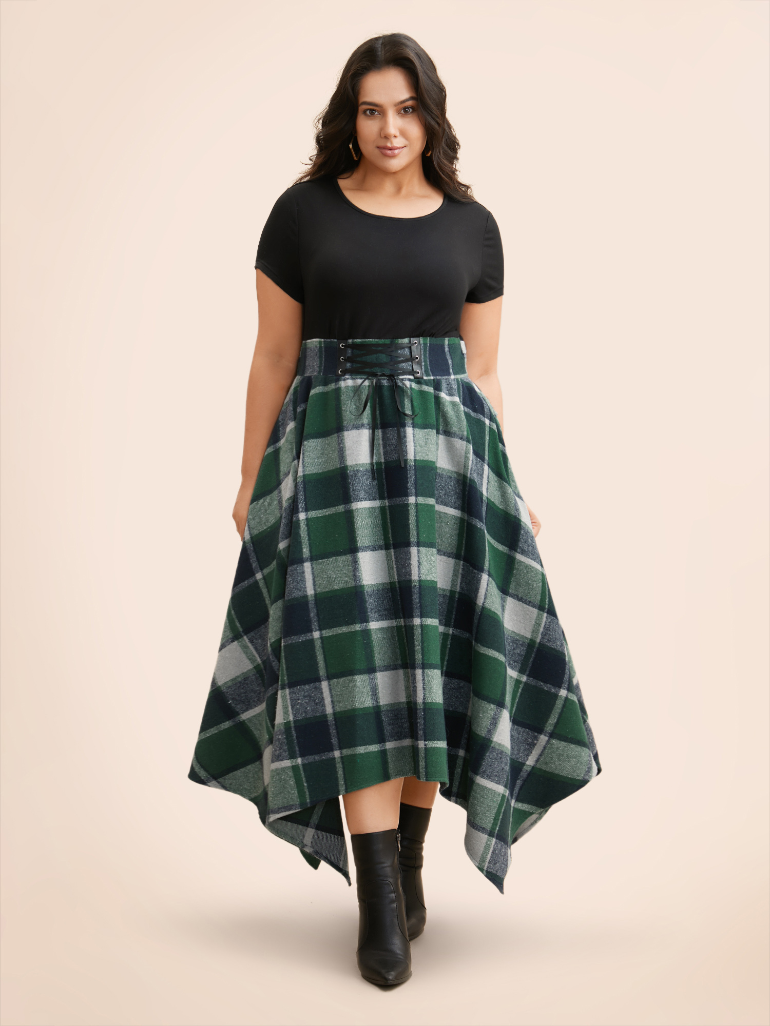 

Plus Size Elastic Plaid Asymmetrical Hem Dress Emerald Women Cocktail Wraparound straps Party Curvy Bloomchic