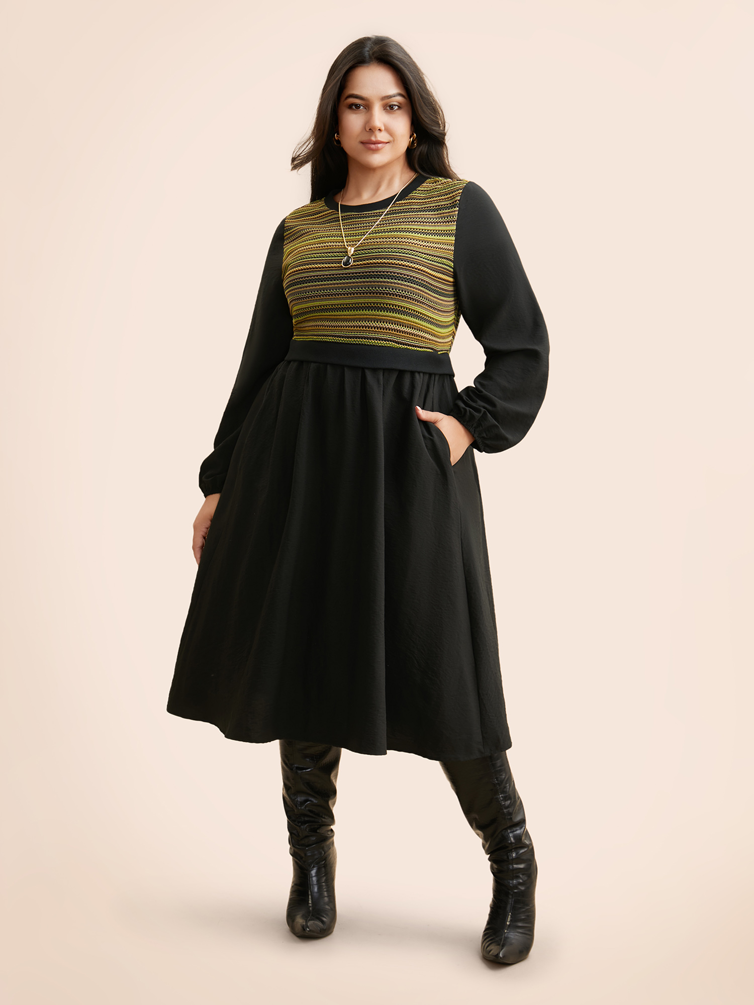 

Plus Size Striped Patchwork Texture Lantern Sleeve Dress Black Women Elegant Texture Round Neck Long Sleeve Curvy BloomChic