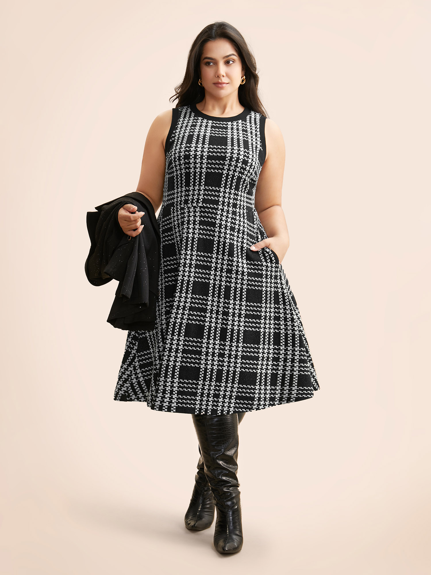 

Plus Size Plaid Round Neck Tank Dress Black Women Elegant Texture Round Neck Sleeveless Curvy BloomChic