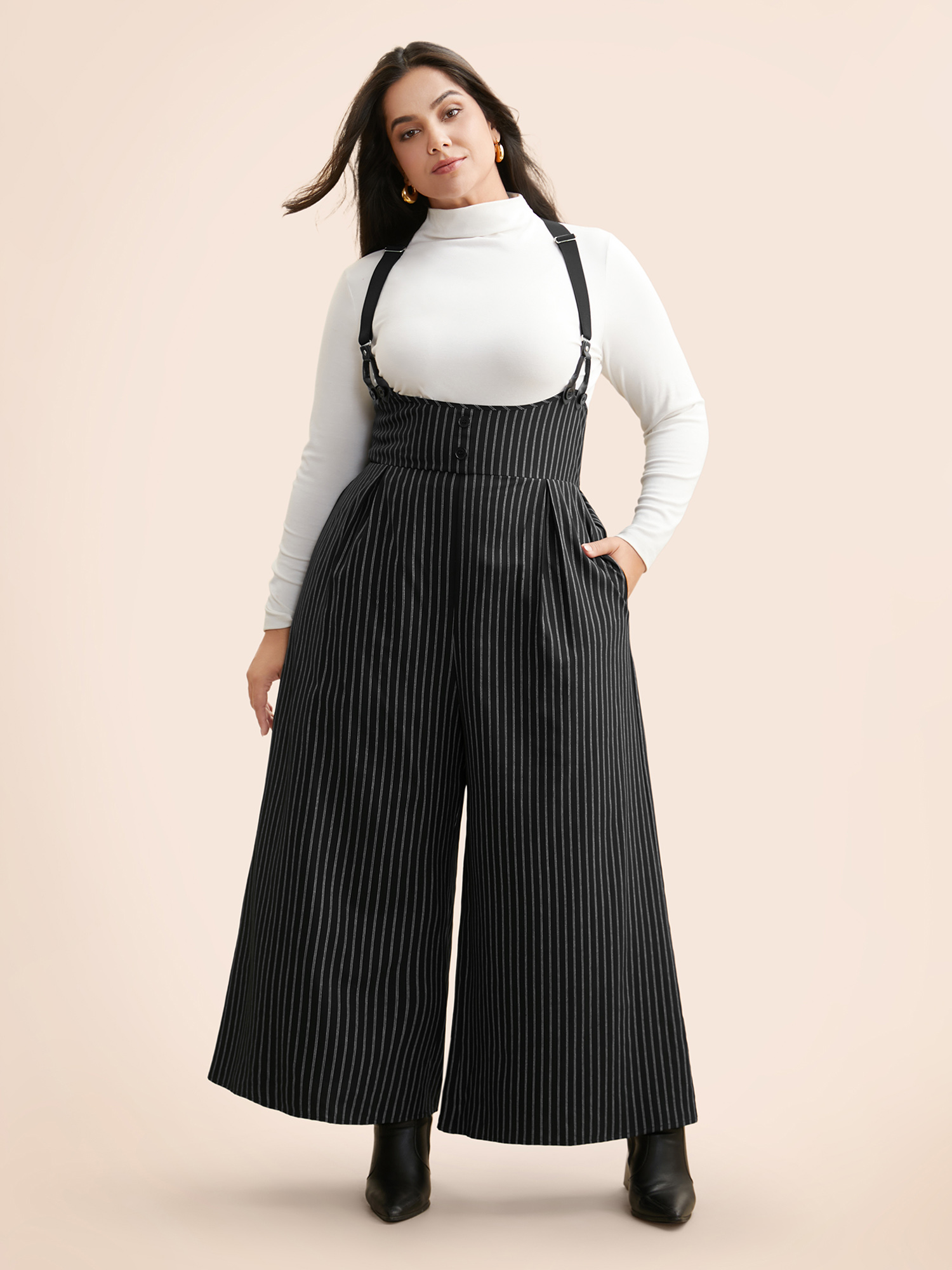 

Plus Size Black Striped Shirred Pleated Jumpsuit Women Elegant Sleeveless Non Everyday Loose Jumpsuits BloomChic