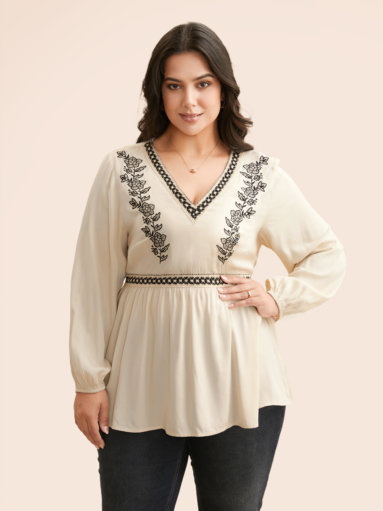 

Plus Size Ivory Floral Embroidered Patchwork Gathered Blouse Women Elegant Long Sleeve Deep V-neck Everyday Blouses BloomChic