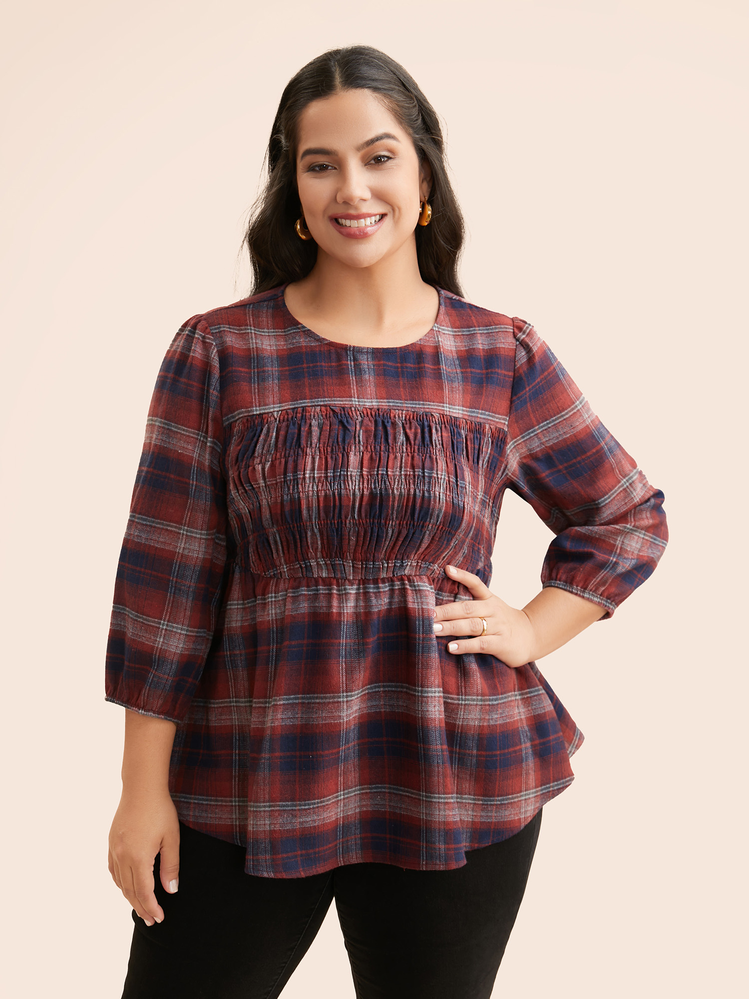 

Plus Size Burgundy Plaid Shirred Lantern Sleeve Blouse Women Elegant Elbow-length sleeve Round Neck Everyday Blouses BloomChic