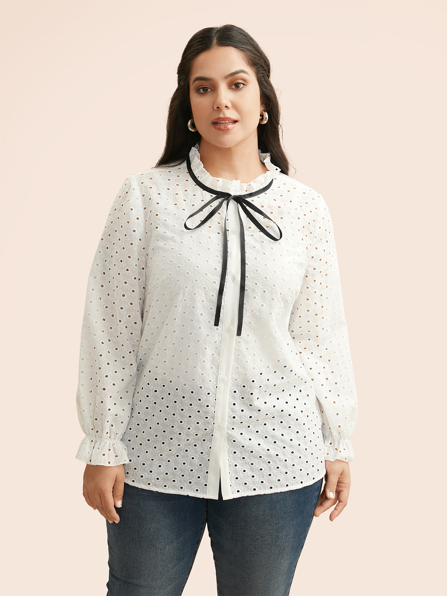 

Plus Size WhiteSmoke Lace Collar Broderie Anglaise Tie Knot Blouse Women Elegant Long Sleeve Lace collar Everyday Blouses BloomChic