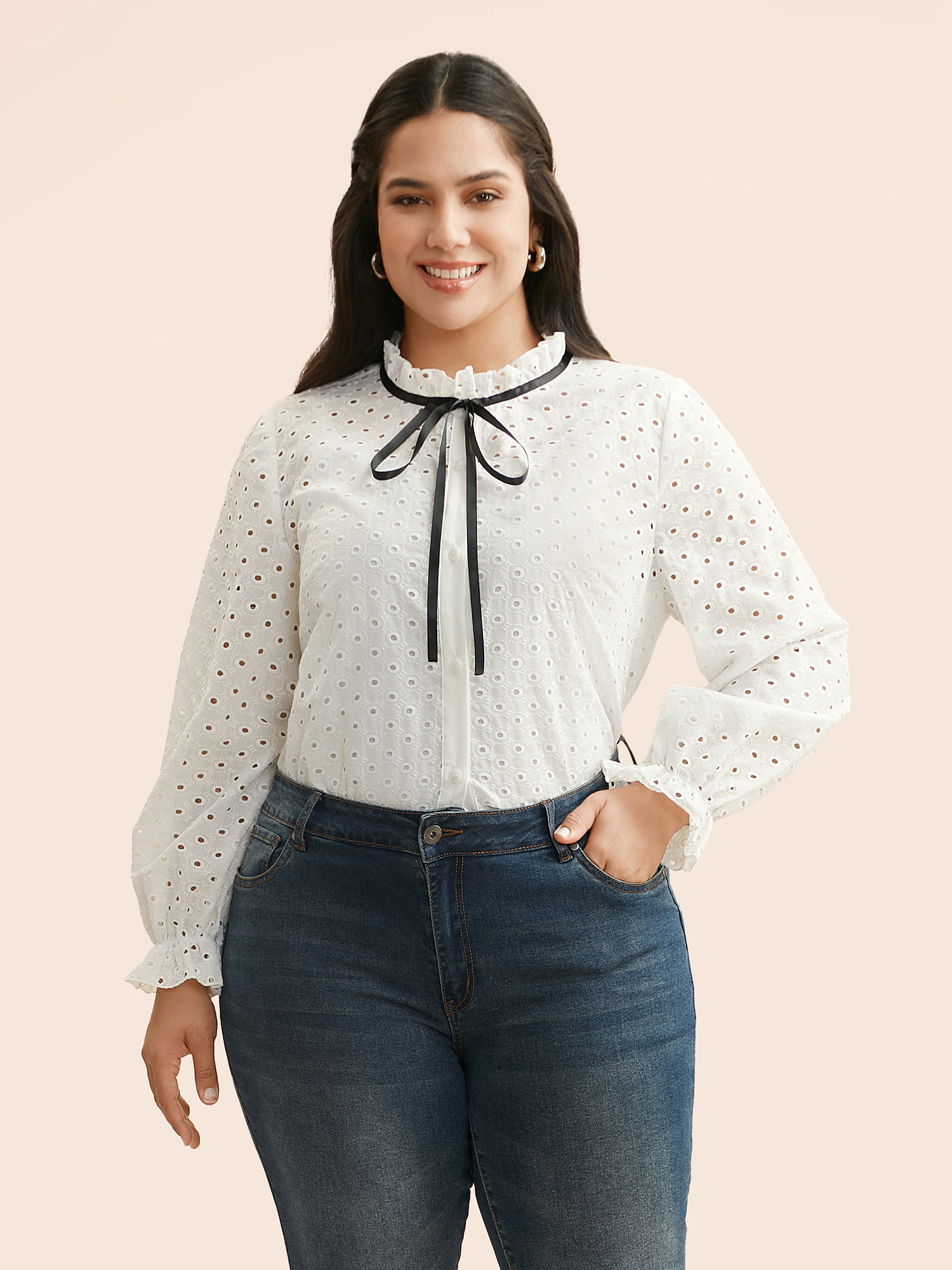 

Plus Size WhiteSmoke Lace Collar Broderie Anglaise Tie Knot Blouse Women Elegant Long Sleeve Lace collar Everyday Blouses BloomChic