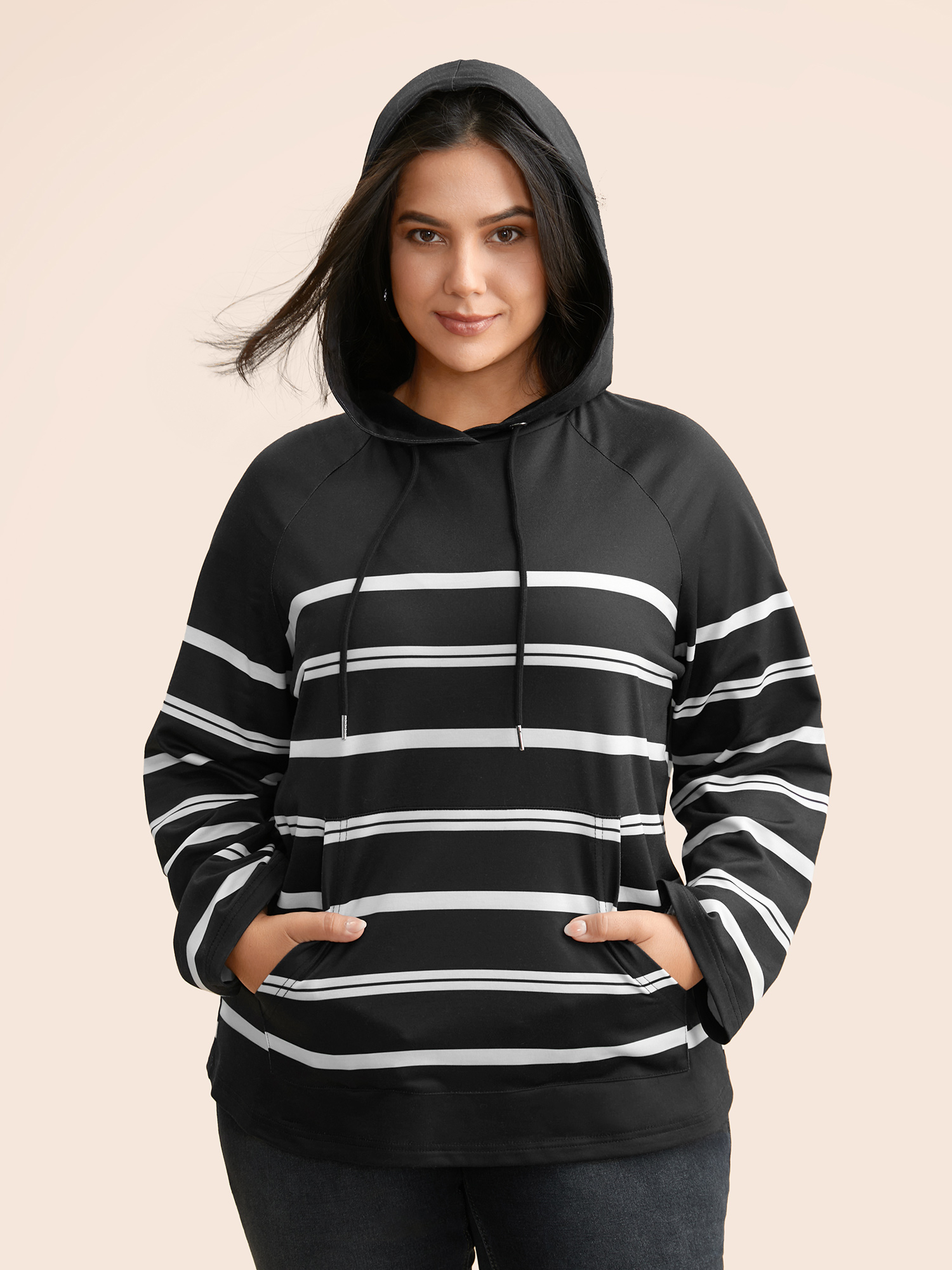 

Plus Size Striped Hooded Drawstring Raglan Sleeve Sweatshirt Women Black Casual Eyelet Loose Hooded Everyday Sweatshirts BloomChic