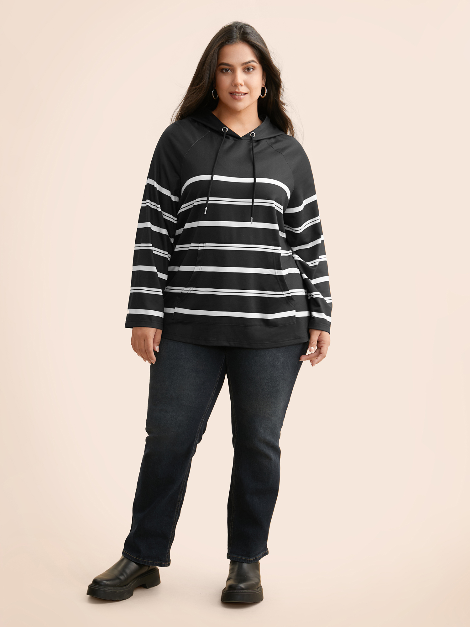 

Plus Size Striped Hooded Drawstring Raglan Sleeve Sweatshirt Women Black Casual Eyelet Loose Hooded Everyday Sweatshirts BloomChic