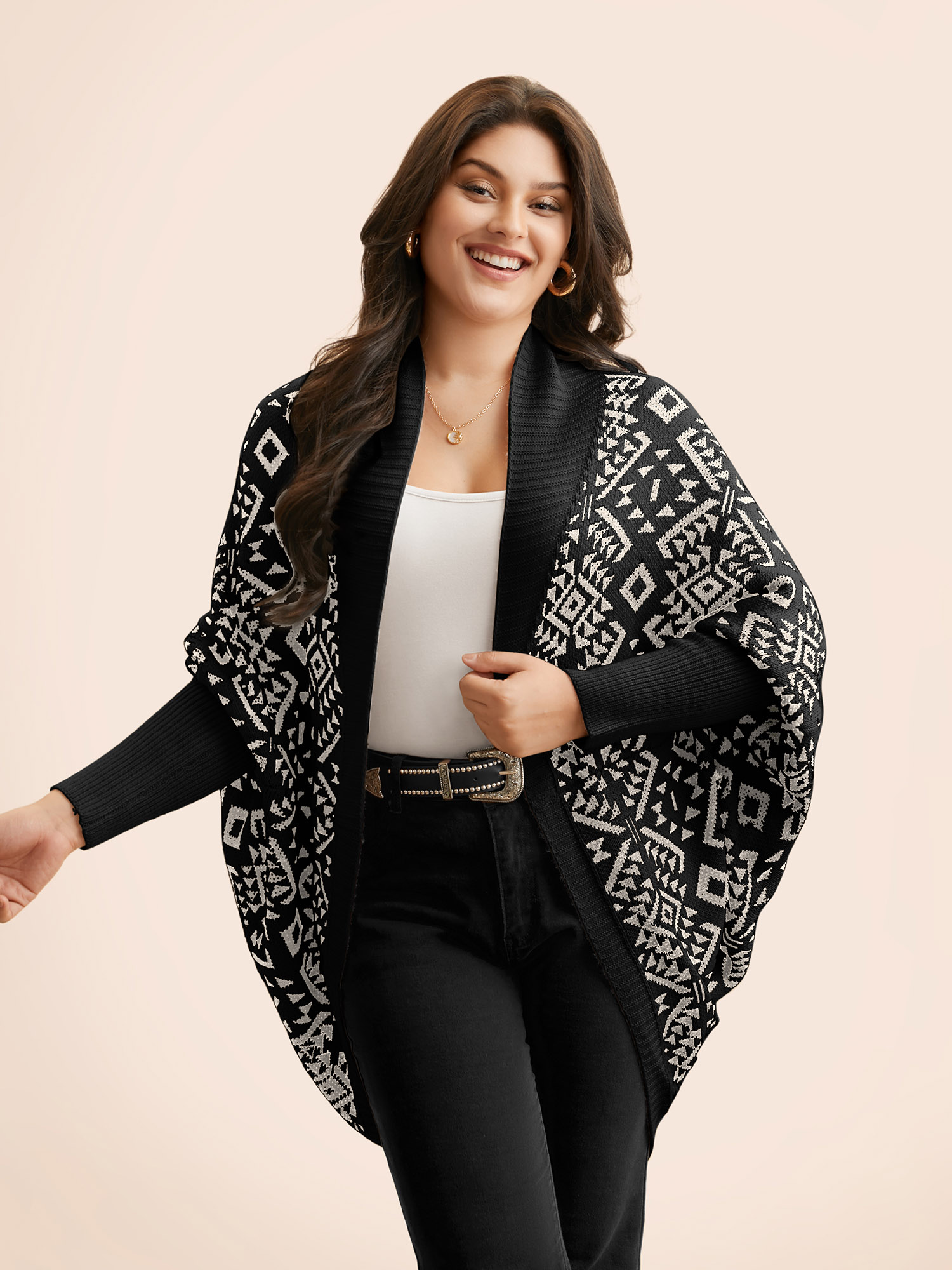 

Plus Size Bandana Geometric Dolman Sleeve Cardigan Black Women Casual Loose Long Sleeve Everyday Cardigans BloomChic