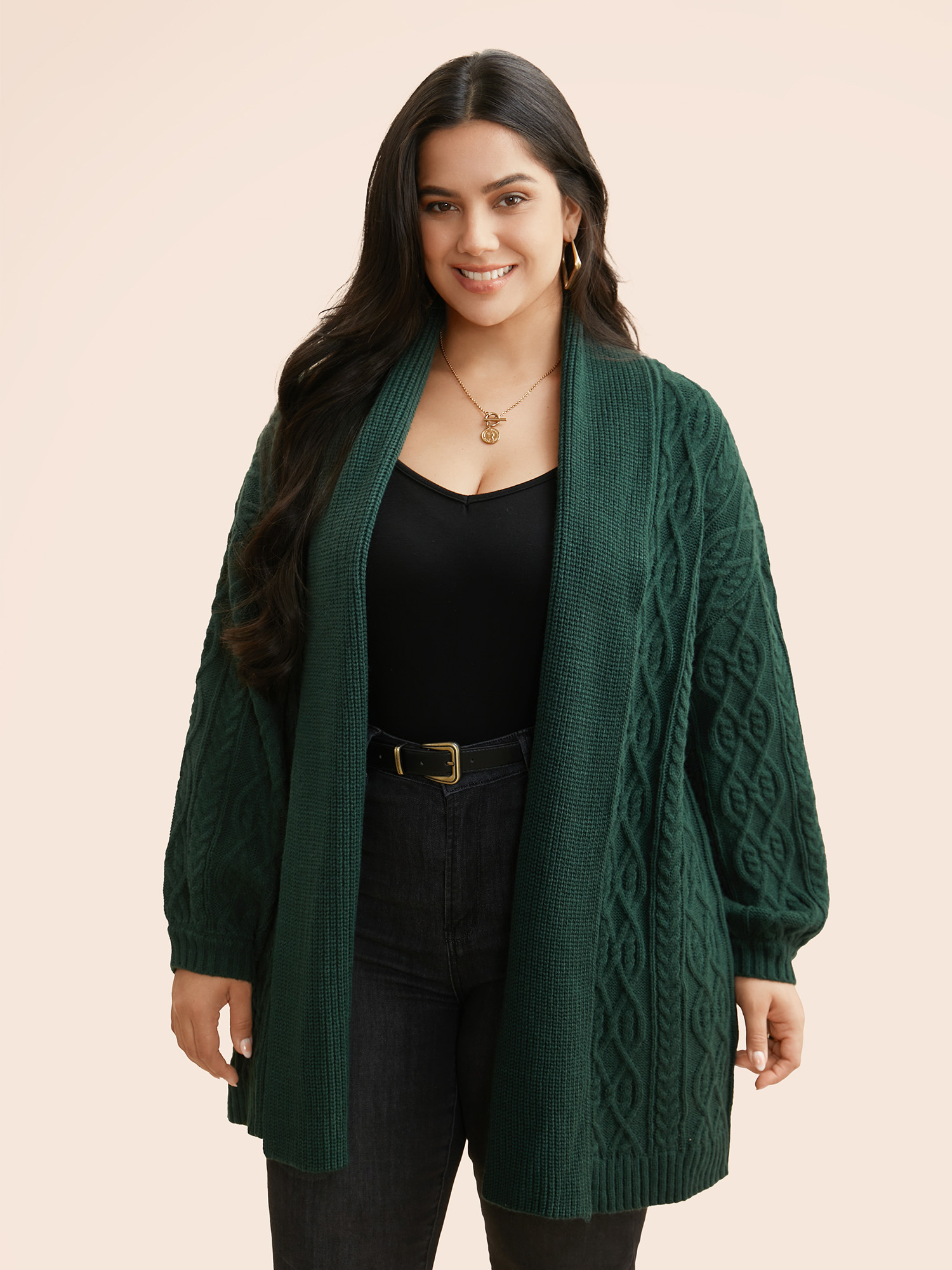 

Plus Size Lapel Collar Texture Cable Knit Cardigan DarkGreen Women Casual Loose Long Sleeve Everyday Cardigans BloomChic