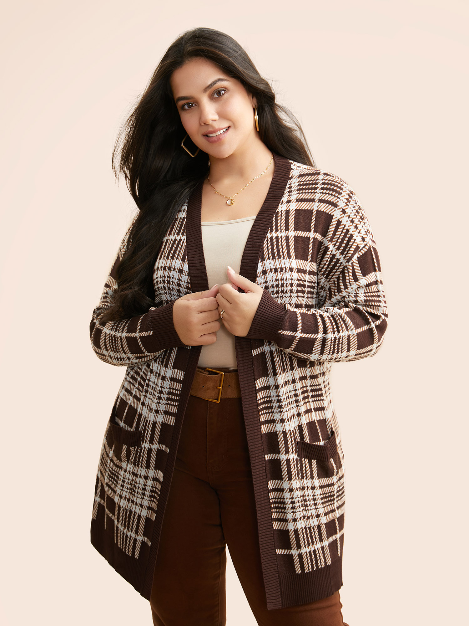 

Plus Size Plaid Open Front Patch Pocket Cardigan DarkBrown Women Casual Loose Long Sleeve Everyday Cardigans BloomChic