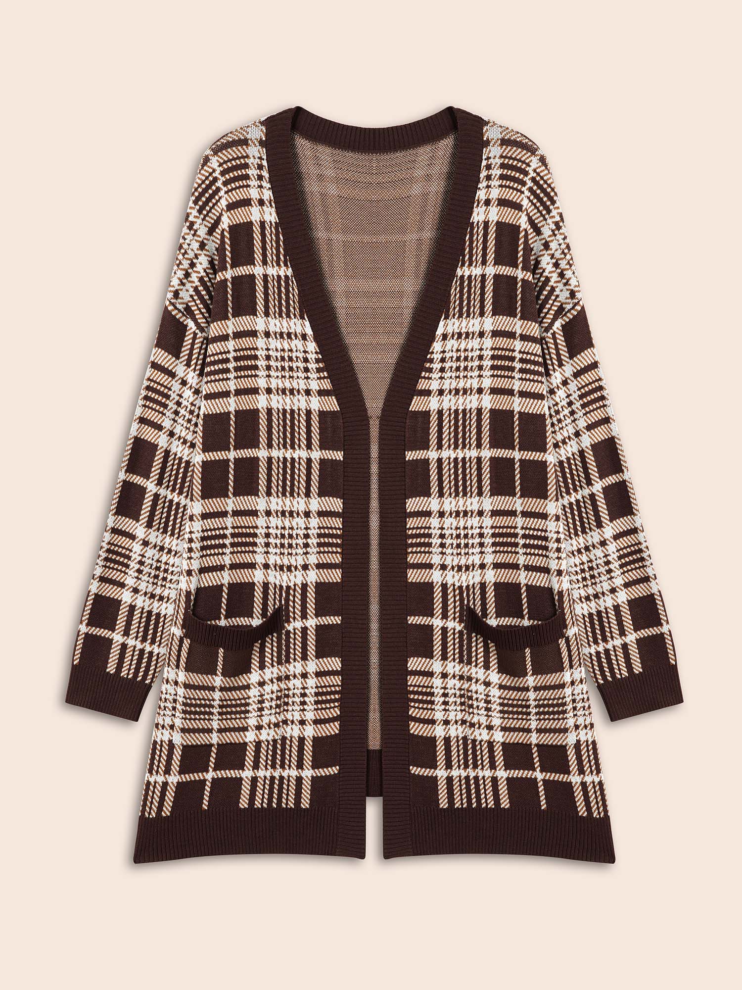 

Plus Size Plaid Open Front Patch Pocket Cardigan DarkBrown Women Casual Loose Long Sleeve Everyday Cardigans BloomChic