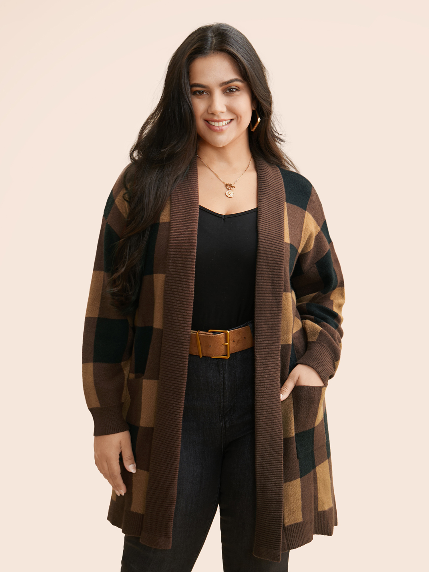 

Plus Size Supersoft Essentials Plaid Kimono Collar Cardigan Browncoffeecolor Women Casual Loose Long Sleeve Everyday Cardigans BloomChic