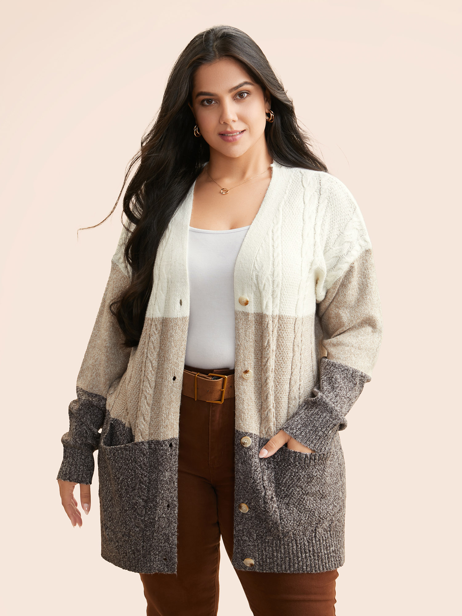 

Plus Size Colorblock Contrast Cable Knit Cardigan Browncoffeecolor Women Casual Loose Long Sleeve Everyday Cardigans BloomChic