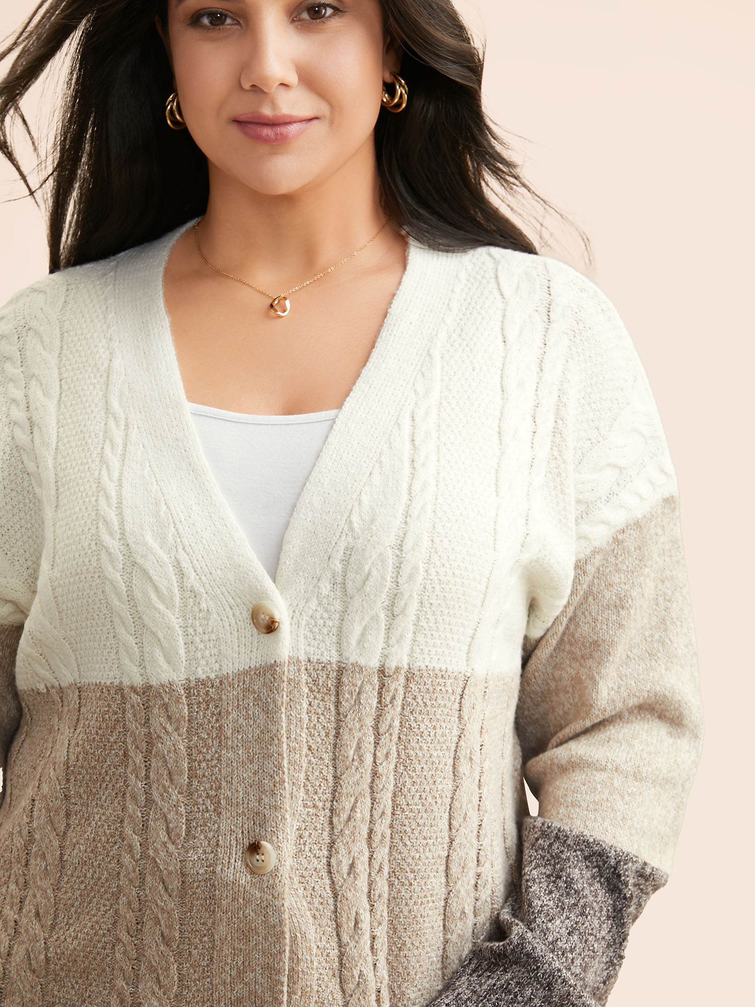 

Plus Size Colorblock Contrast Cable Knit Cardigan Browncoffeecolor Women Casual Loose Long Sleeve Everyday Cardigans BloomChic