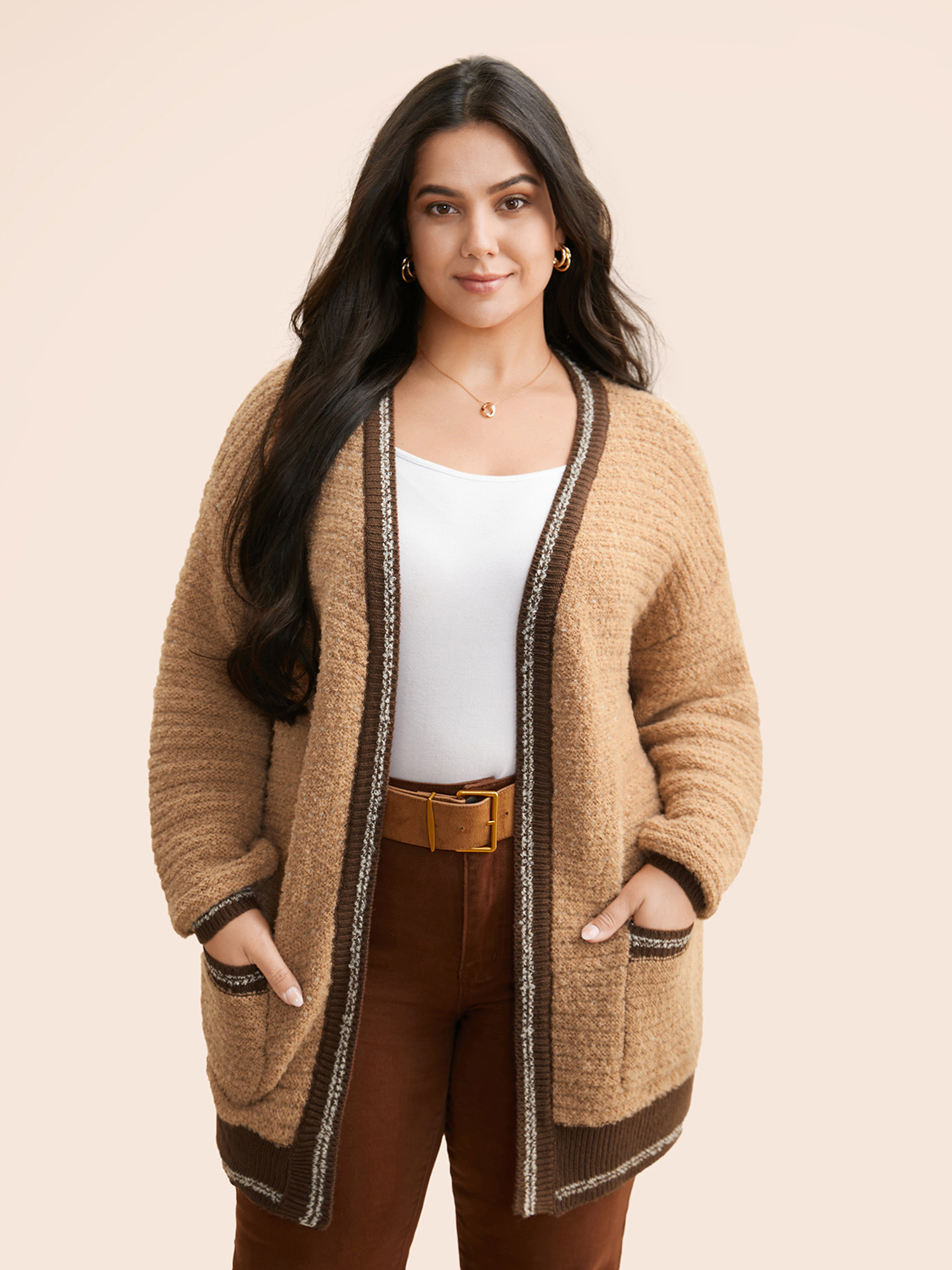 

Plus Size Texture Contrast Drop Shoulder Sleeve Cardigan LightBrown Women Casual Loose Long Sleeve Everyday Cardigans BloomChic