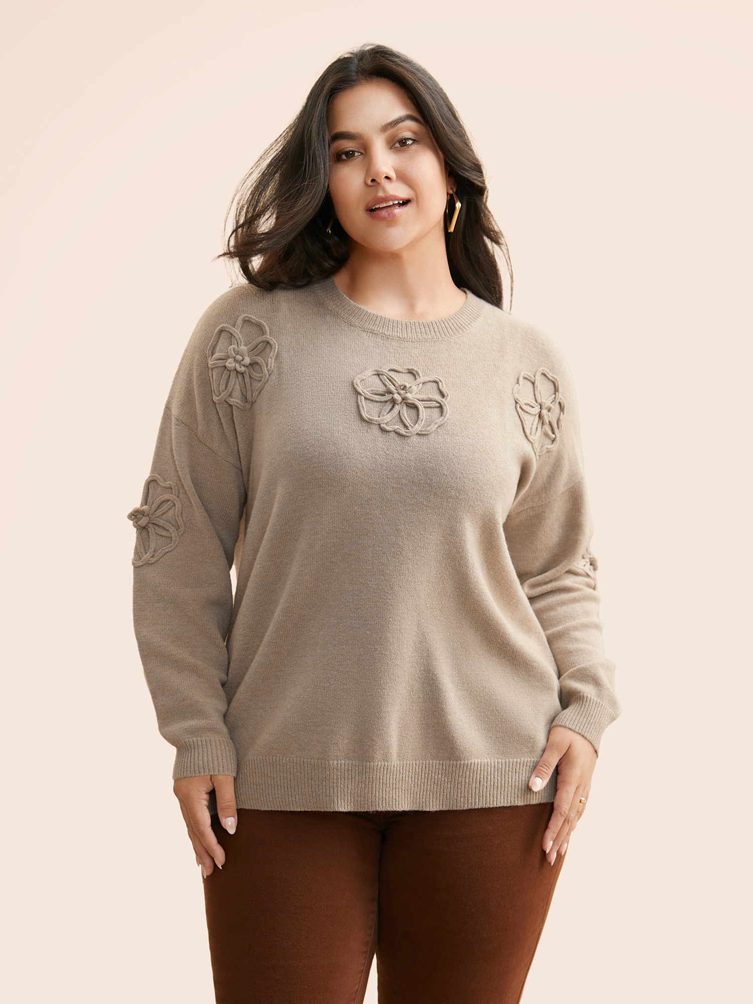 

Plus Size Supersoft Essentials Stereo Flower Design Pullover Apricot Women Casual Loose Long Sleeve Round Neck Everyday Pullovers BloomChic