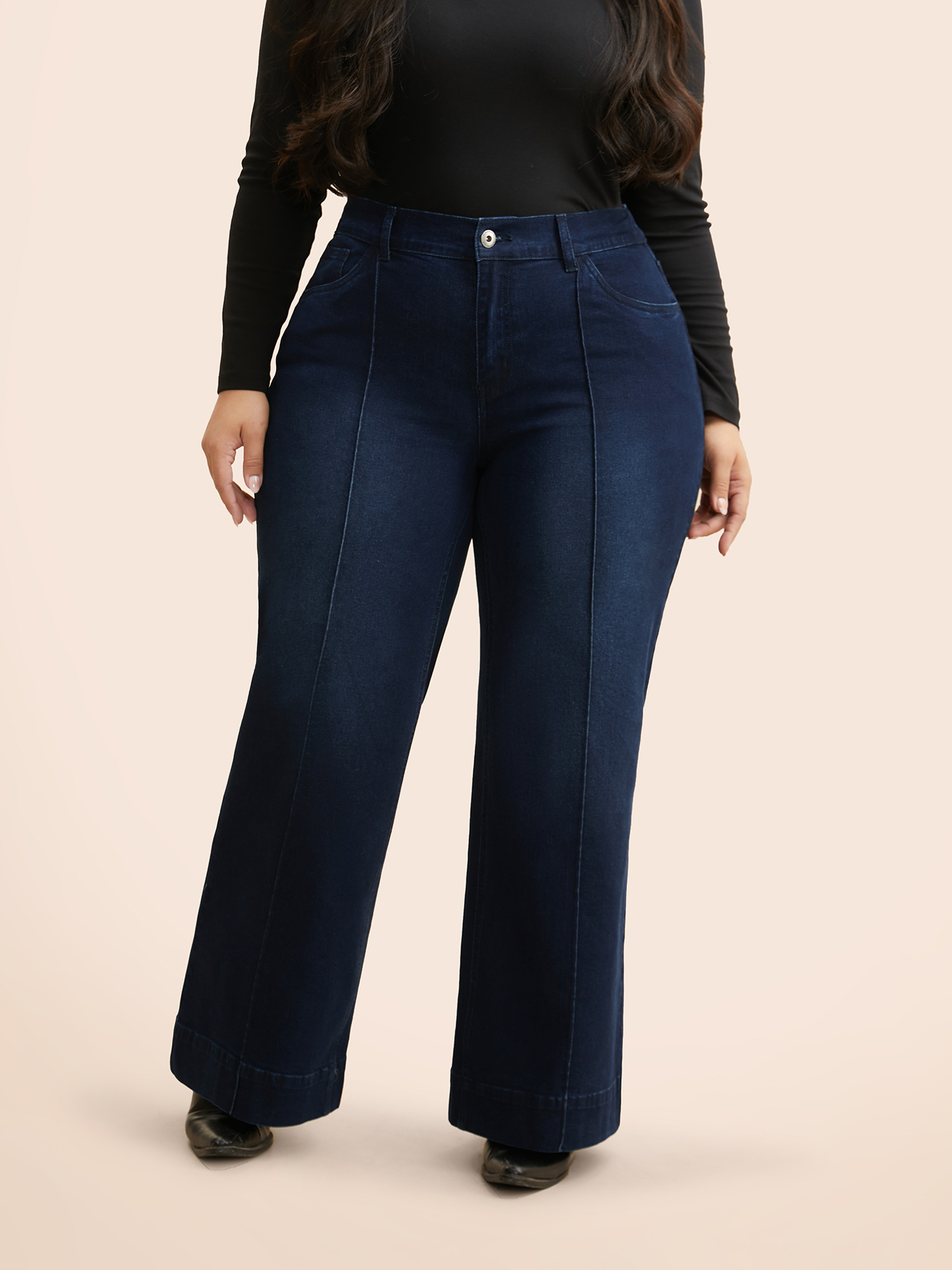 

Plus Size Dark Wash Seam Detail Wide Leg Jeans Women Denimindigo Casual Medium stretch Slanted pocket Jeans BloomChic