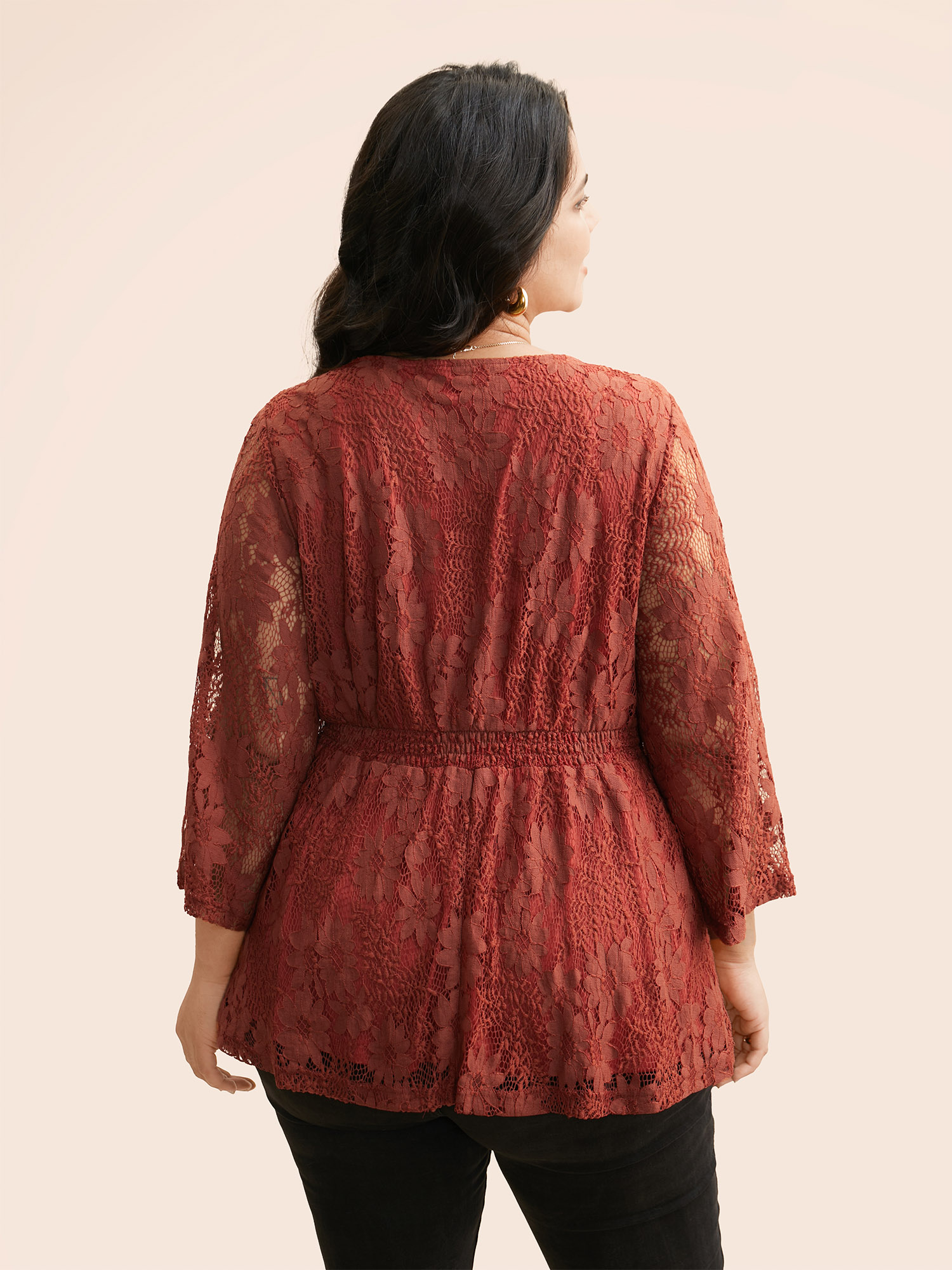 

Plus Size Russet Crochet Lace Mesh Bell Sleeve Blouse Women Elegant Long Sleeve Overlap Collar Everyday Blouses BloomChic