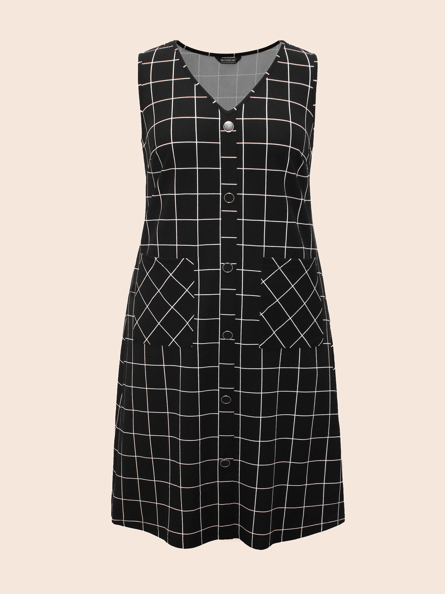Plus Size Plaid V Neck Button Detail Dress Black Women Casual Button V-neck Sleeveless Curvy BloomChic 12/L 