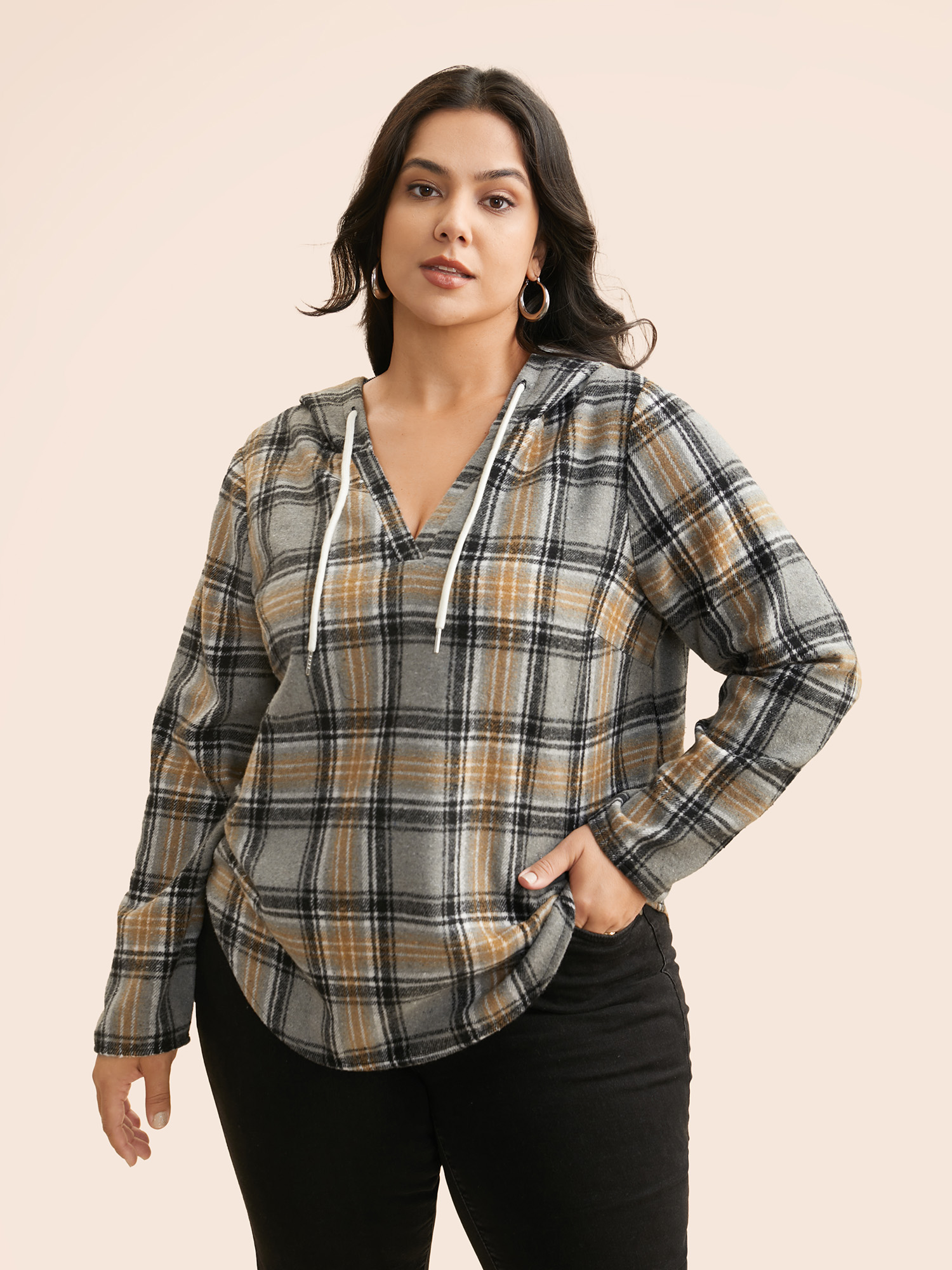 

Plus Size Brushed Fabric Plaid Hooded Sweatshirt Women DarkGray Casual Drawstring Loose Hooded Everyday Sweatshirts BloomChic