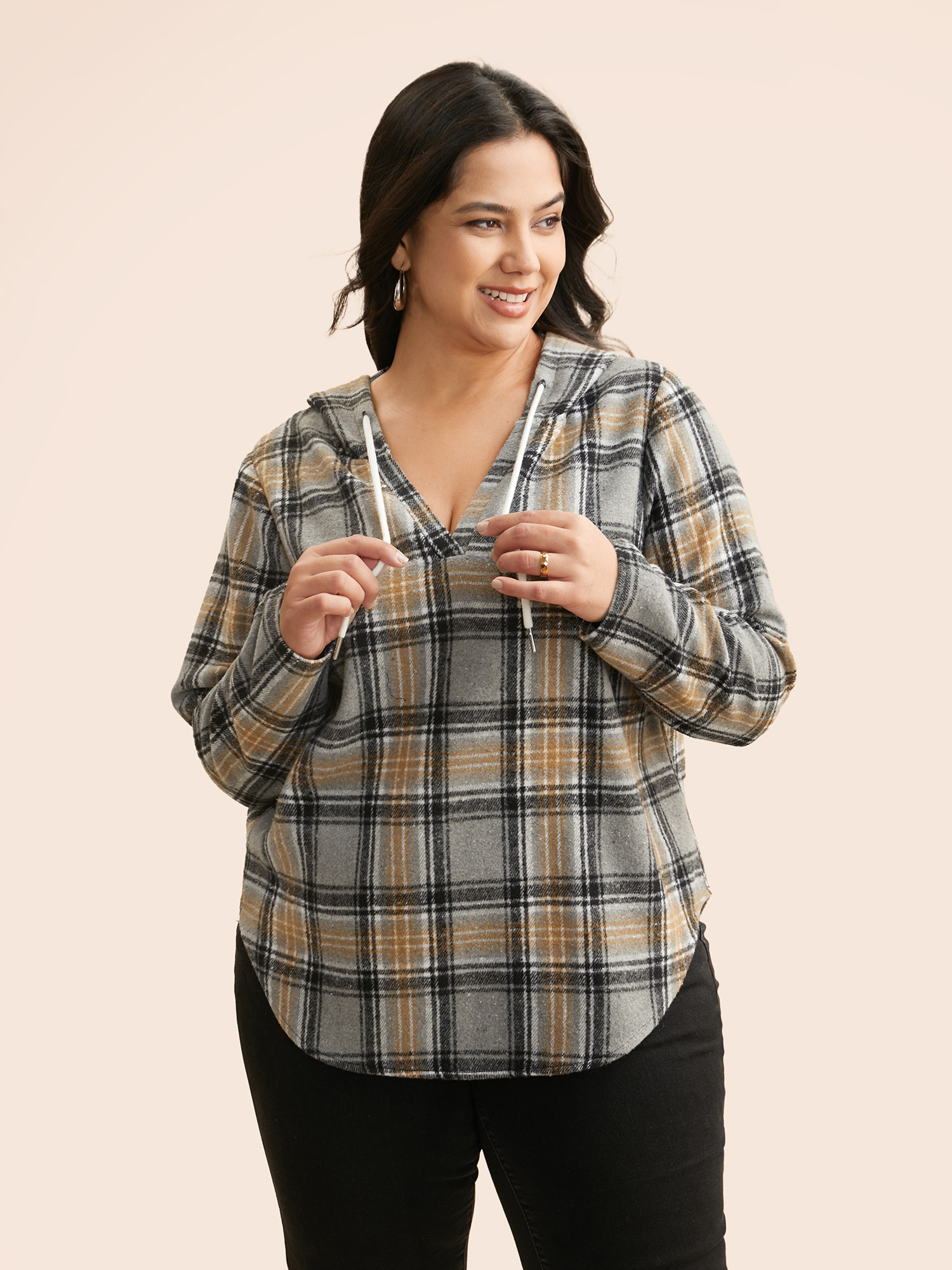 Plus Size Brushed Fabric Plaid Hooded Sweatshirt Women DarkGray Casual Drawstring Loose Hooded Everyday Sweatshirts BloomChic 14-16/1X 