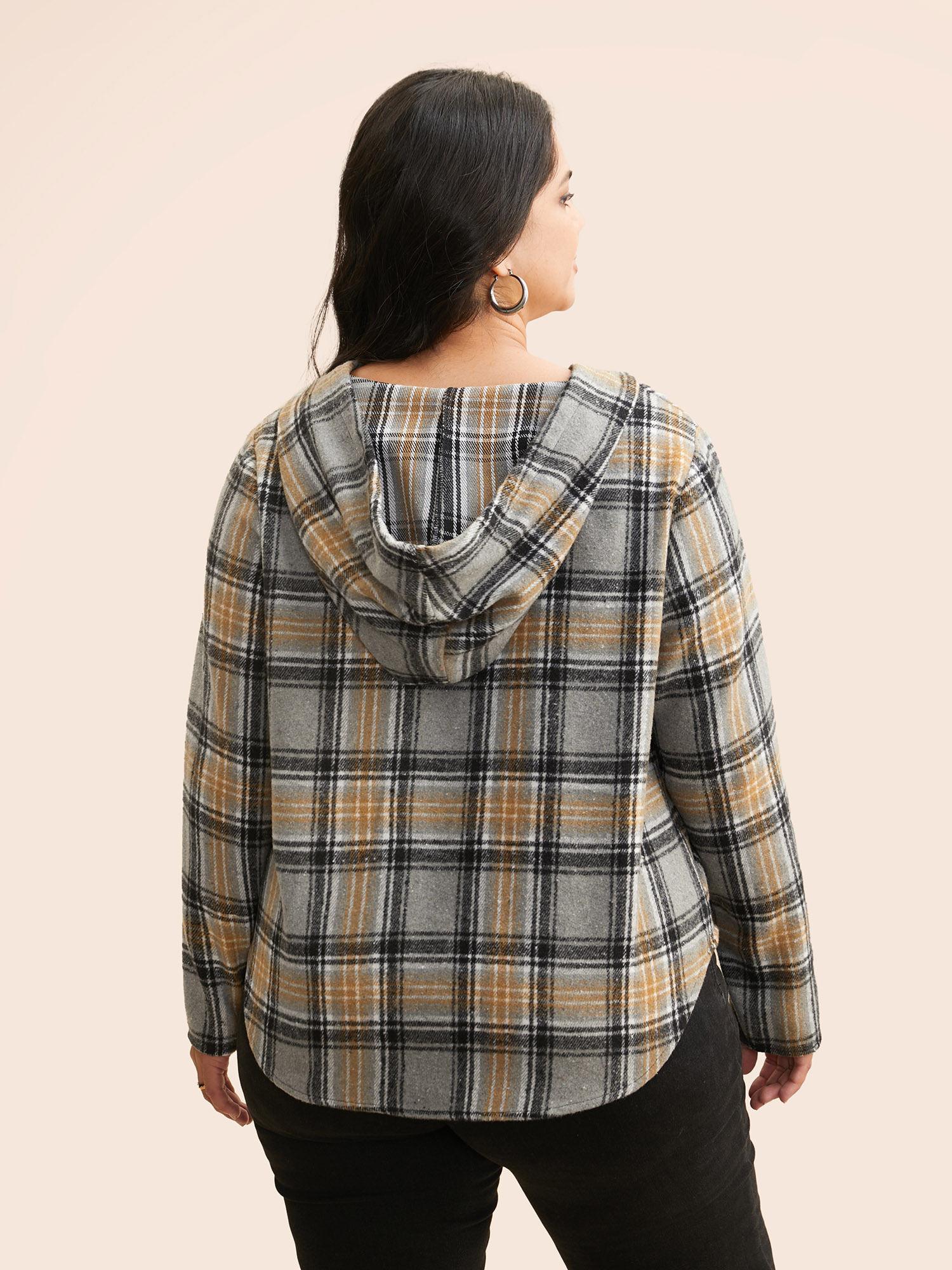 Plus Size Brushed Fabric Plaid Hooded Sweatshirt Women DarkGray Casual Drawstring Loose Hooded Everyday Sweatshirts BloomChic 14-16/1X 