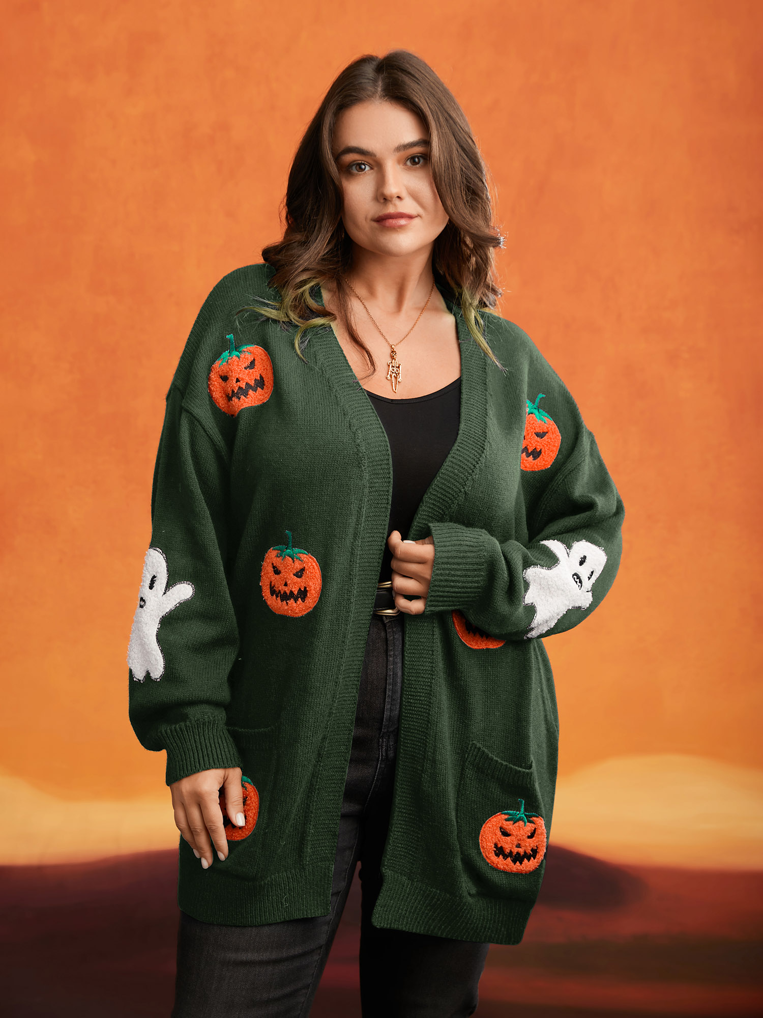 

Plus Size Pumpkin Ghost Embroidery Open Cardigan ArmyGreen Women Casual Loose Long Sleeve Everyday Cardigans BloomChic