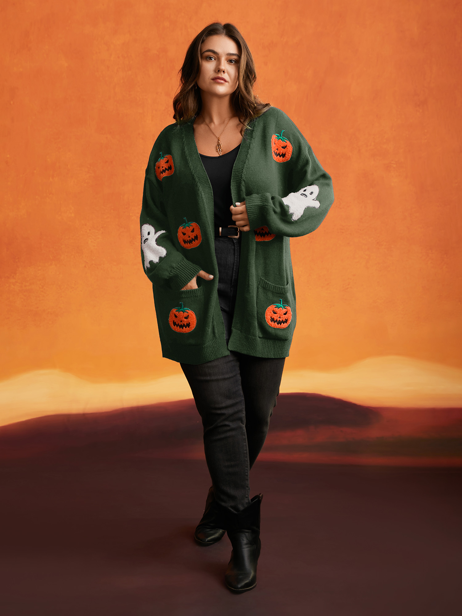 

Plus Size Pumpkin Ghost Embroidery Open Cardigan ArmyGreen Women Casual Loose Long Sleeve Everyday Cardigans BloomChic