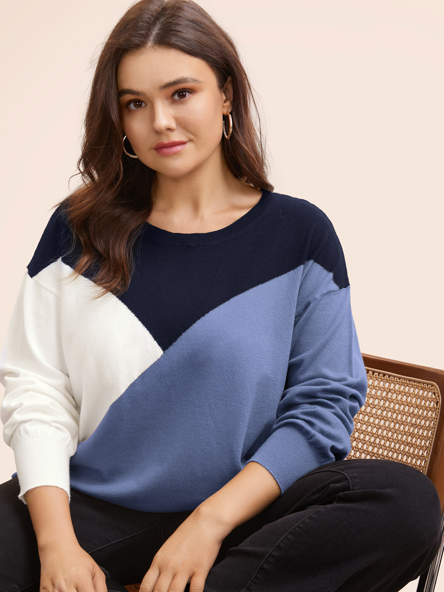 

Plus Size Supersoft Essentials Colorblock Contrast Pullover Indigo Women Casual Long Sleeve Round Neck Everyday Pullovers BloomChic