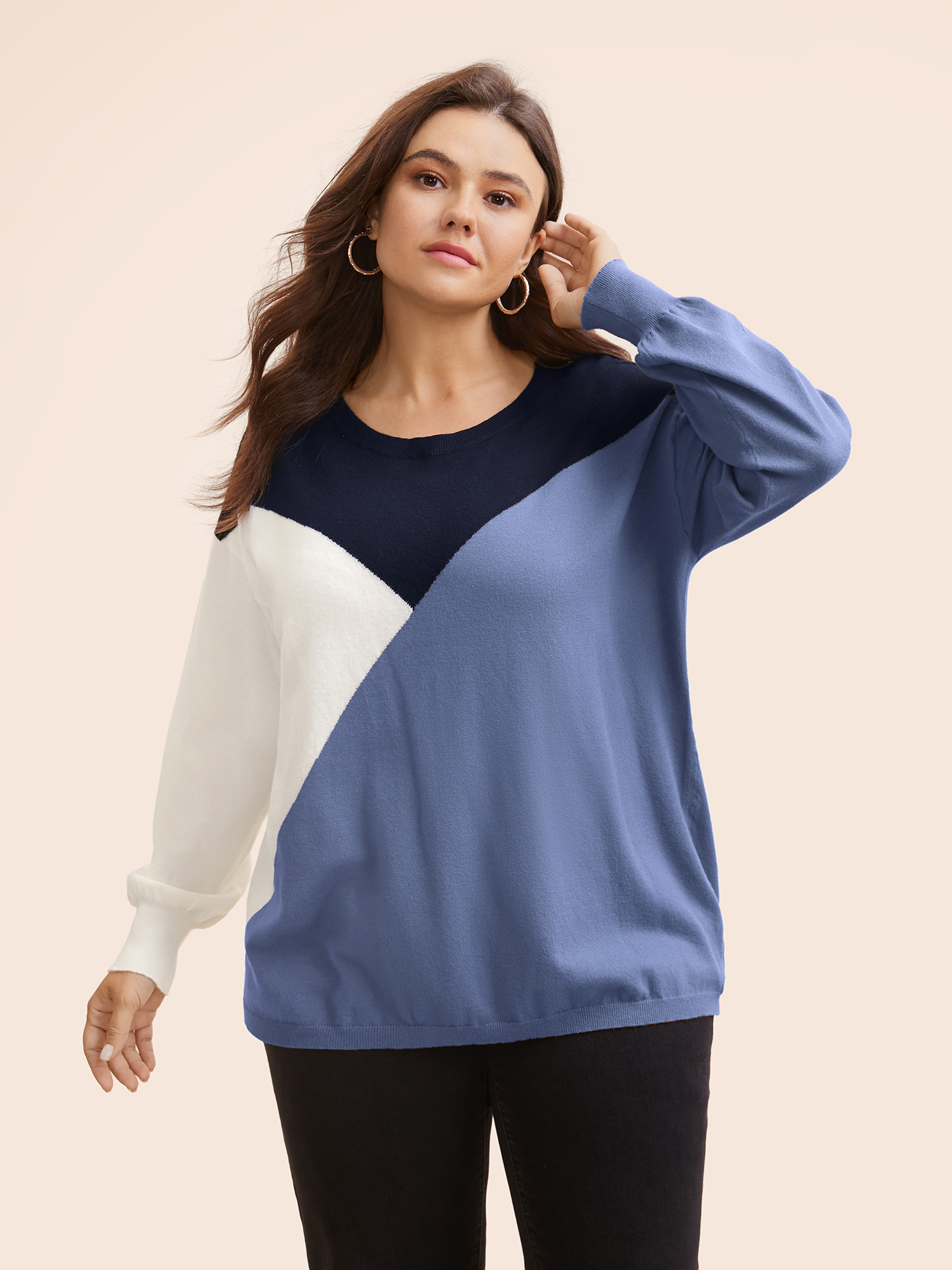 

Plus Size Supersoft Essentials Colorblock Contrast Pullover Indigo Women Casual Long Sleeve Round Neck Everyday Pullovers BloomChic