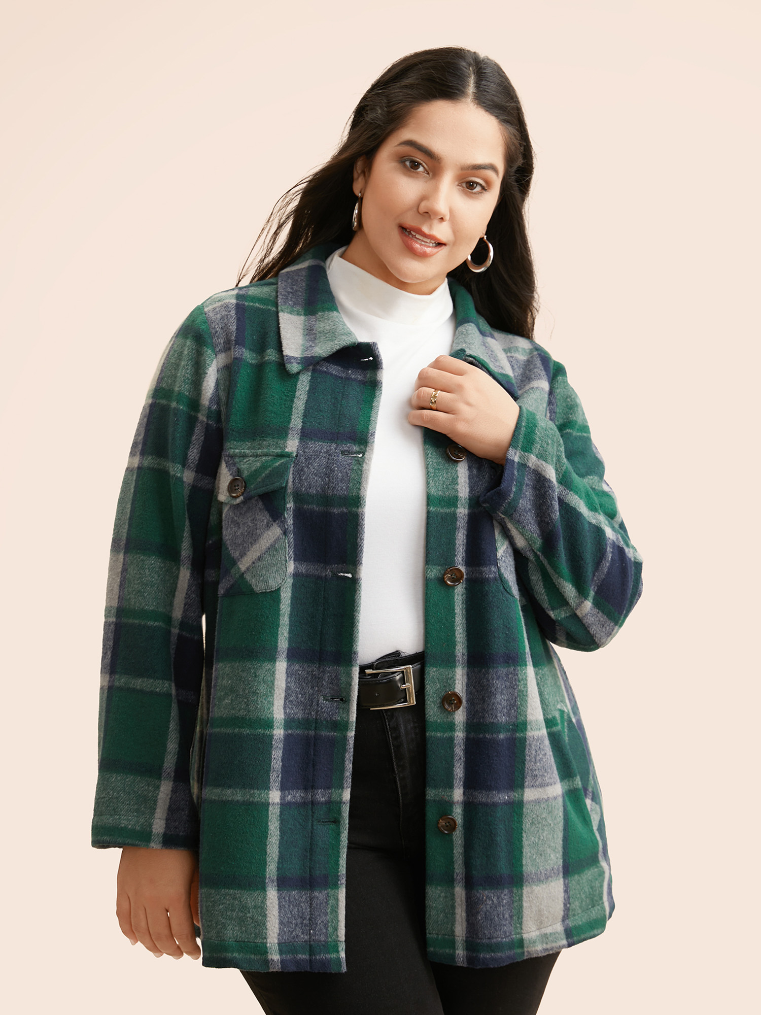 

Plus Size Plaid Shirt Collar Patched Pocket Jacket Women DarkGreen Button Loose Slanted pocket Everyday Jackets BloomChic