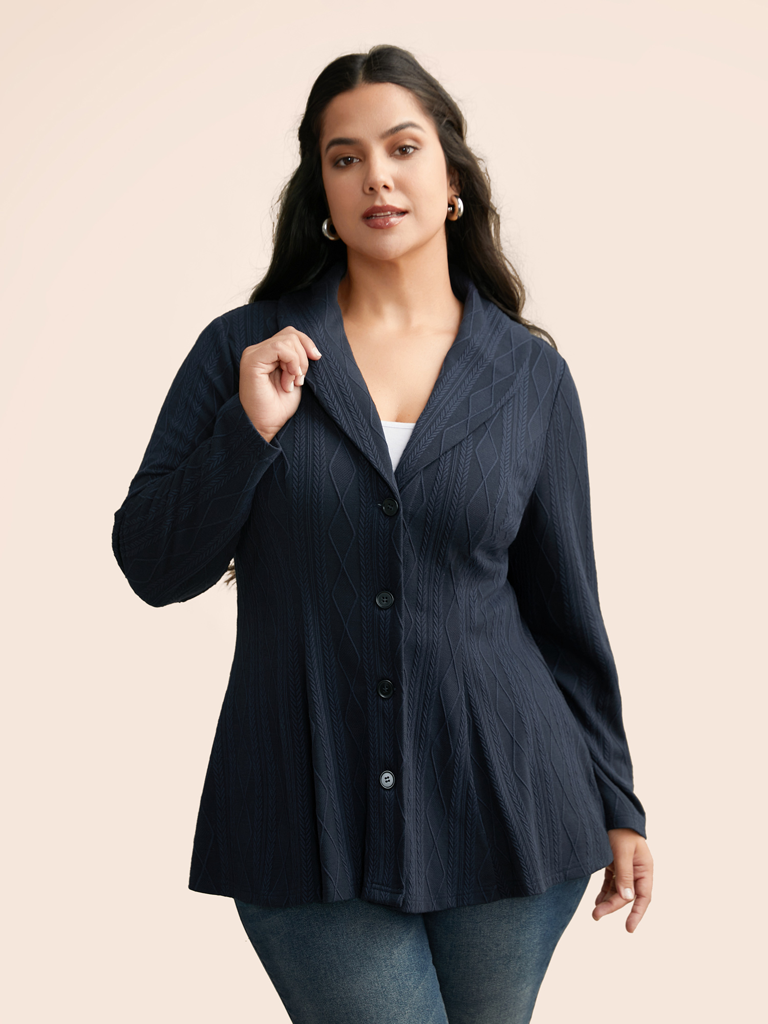 

Plus Size Lapel Collar Texture Button Up Jacket Women Indigo Texture Bodycon Everyday Jackets BloomChic