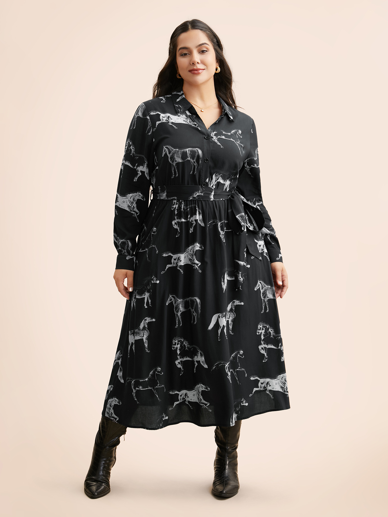 

Plus Size Horse Print Belted Midi Dress Black Women At the Office Belted Shirt collar Long Sleeve Curvy BloomChic