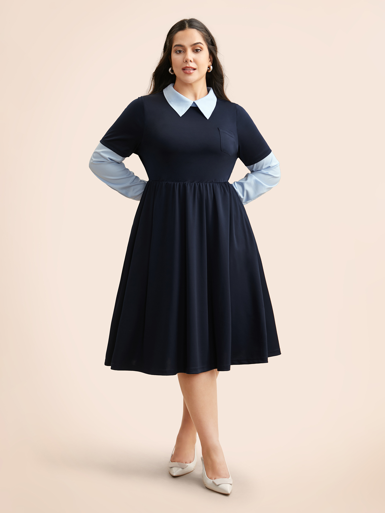 

Plus Size 2-In-1 Shirt Collar Elastic Waist Dress Navy Women Elegant Contrast Shirt collar Long Sleeve Curvy BloomChic