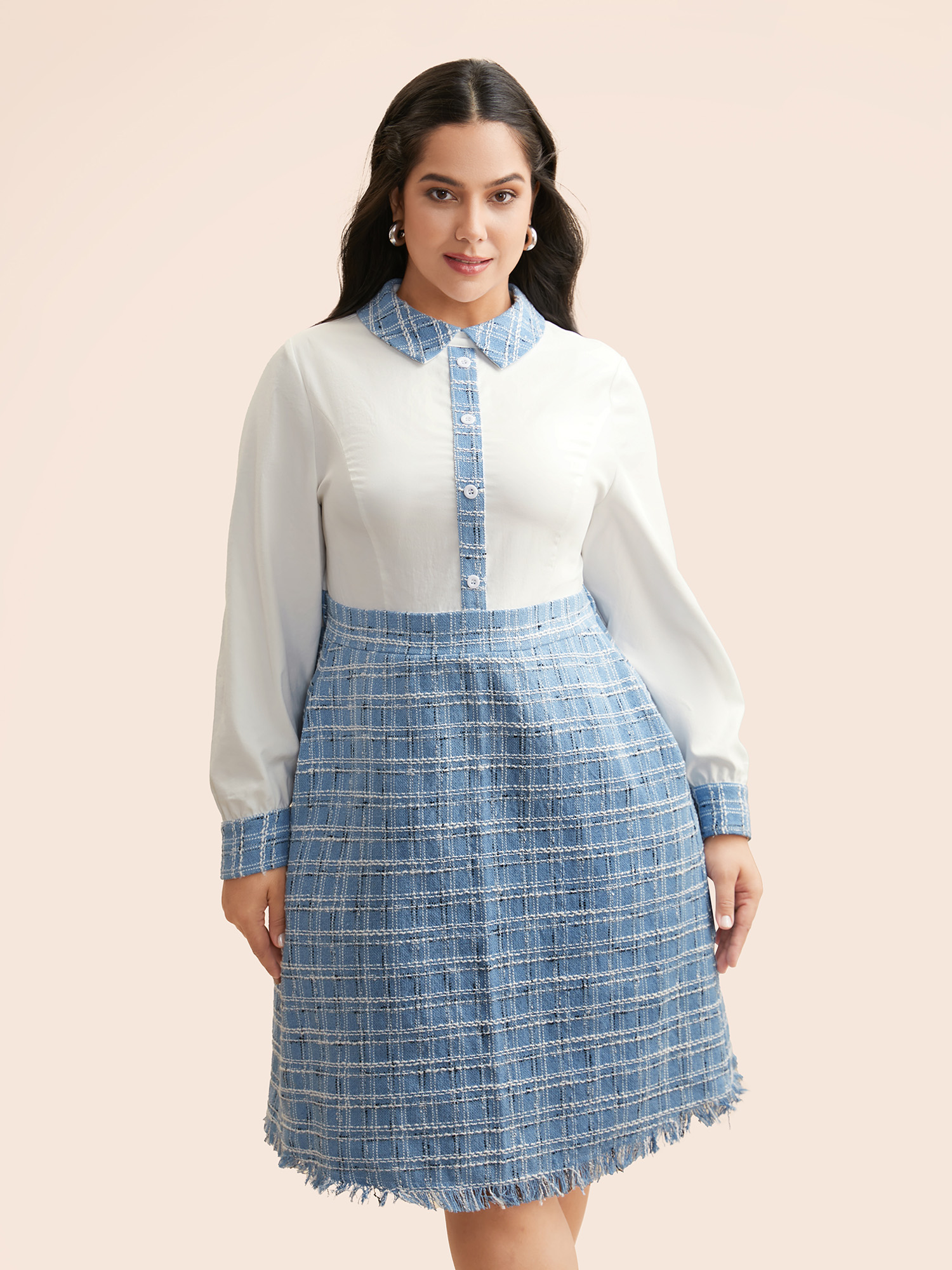 

Plus Size Tweed Patchwork Button Detail Dress LightBlue Women Elegant Texture Shirt collar Long Sleeve Curvy BloomChic