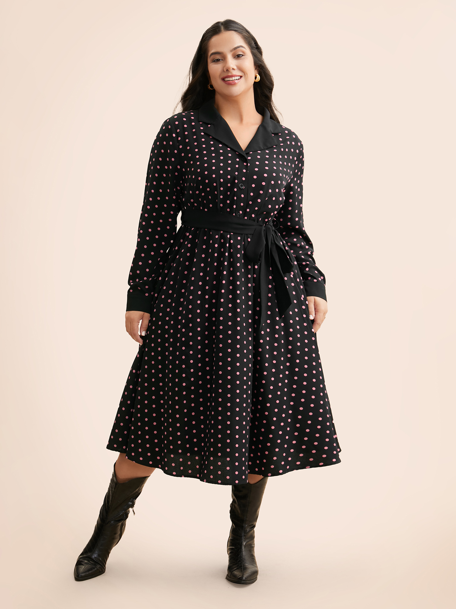 

Plus Size Polka Dot Suit Collar Belted Dress Black Women Elegant Belted Suit Collar Long Sleeve Curvy BloomChic