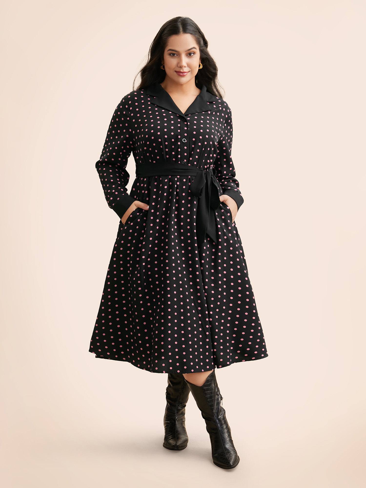 Plus Size Polka Dot Suit Collar Belted Dress Black Women Elegant Belted Suit Collar Long Sleeve Curvy BloomChic 28/5X 