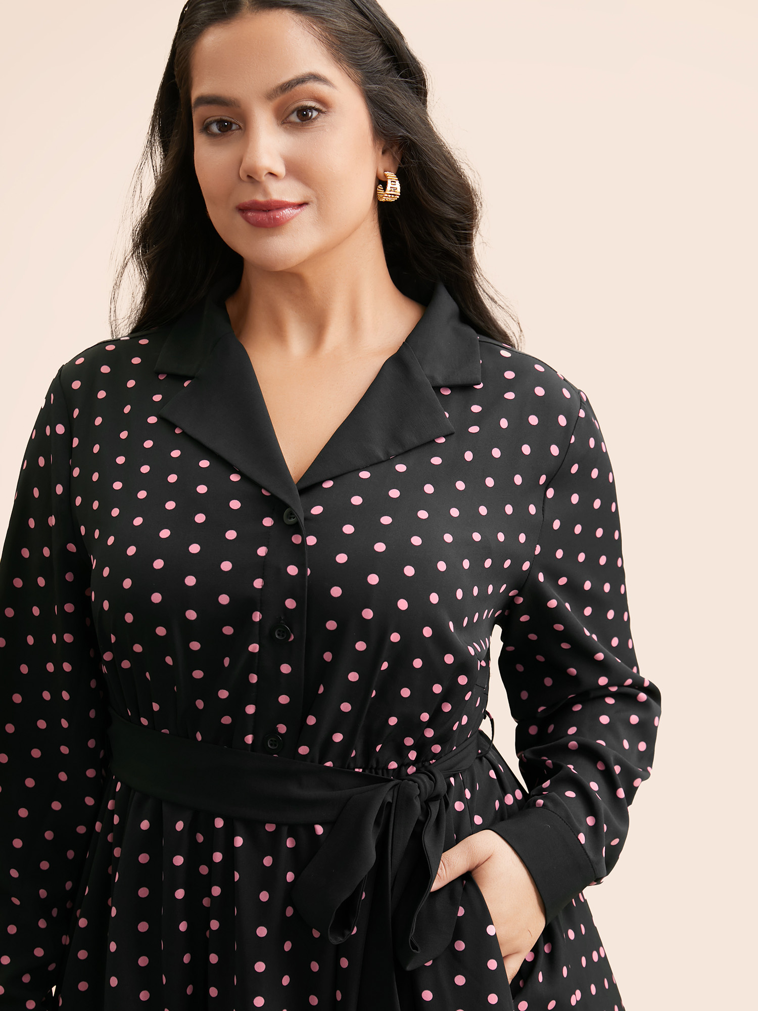 Plus Size Polka Dot Suit Collar Belted Dress Black Women Elegant Belted Suit Collar Long Sleeve Curvy BloomChic 28/5X 