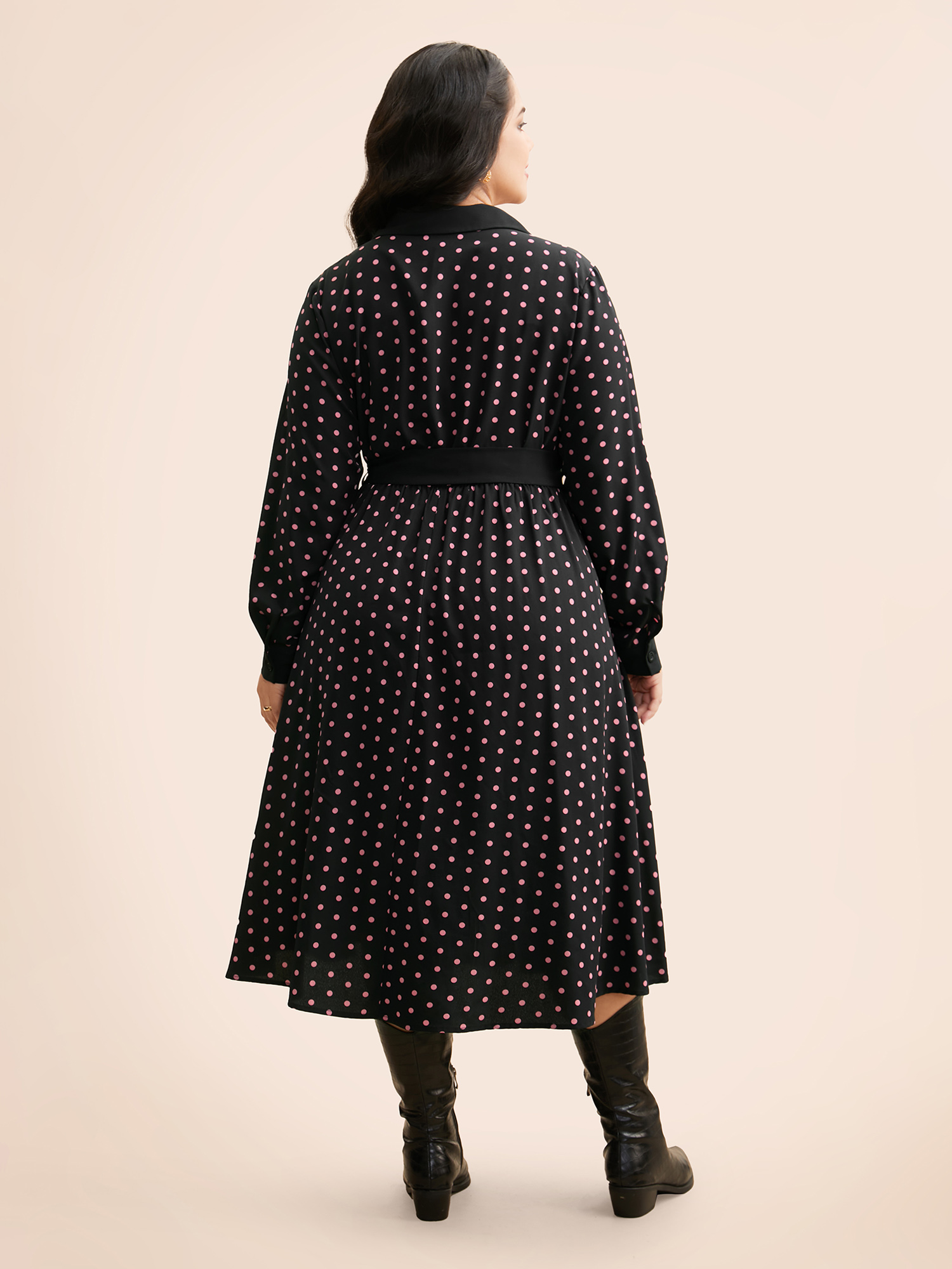 Plus Size Polka Dot Suit Collar Belted Dress Black Women Elegant Belted Suit Collar Long Sleeve Curvy BloomChic 28/5X 