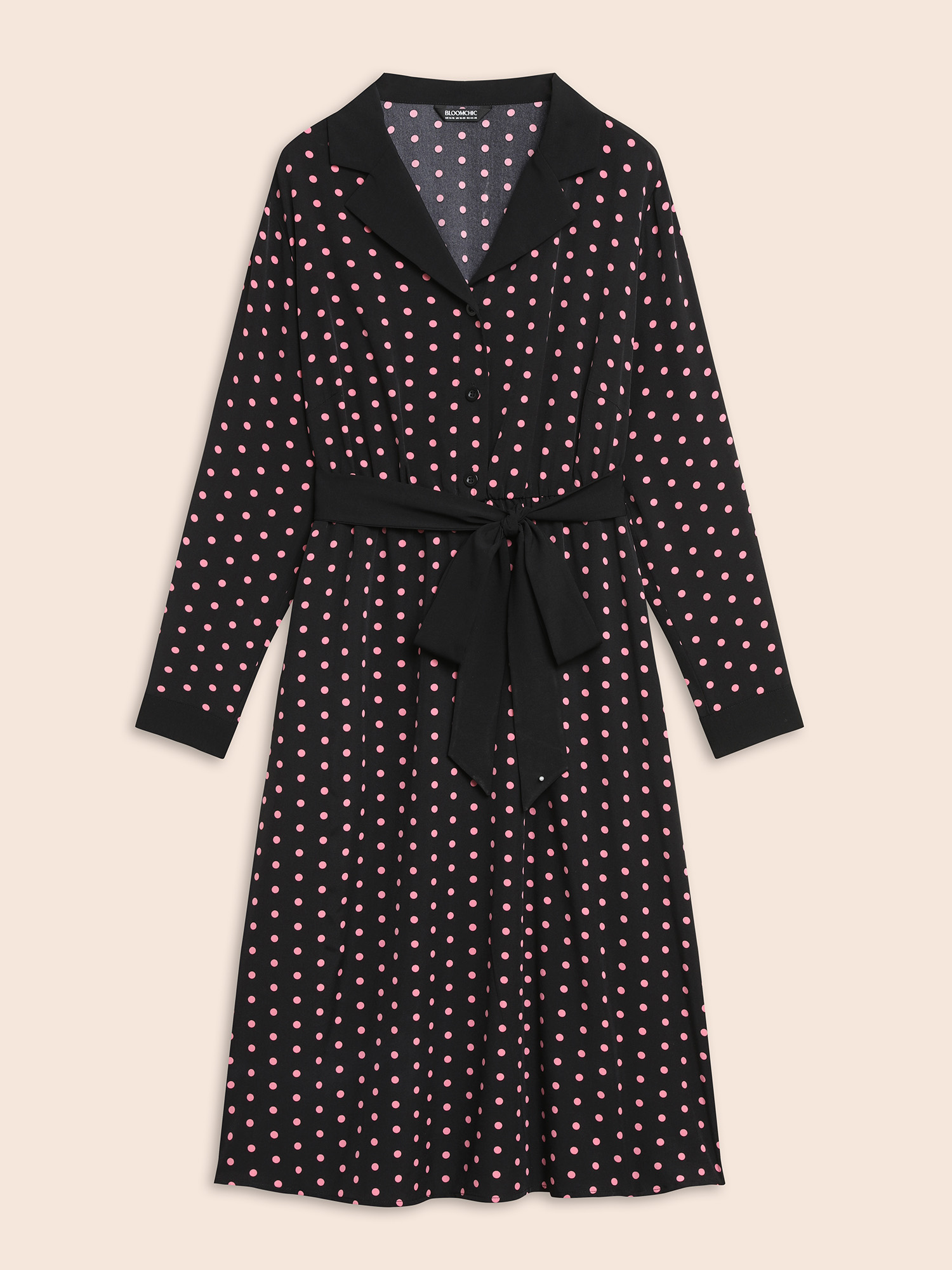 

Plus Size Polka Dot Suit Collar Belted Dress Black Women Elegant Belted Suit Collar Long Sleeve Curvy BloomChic