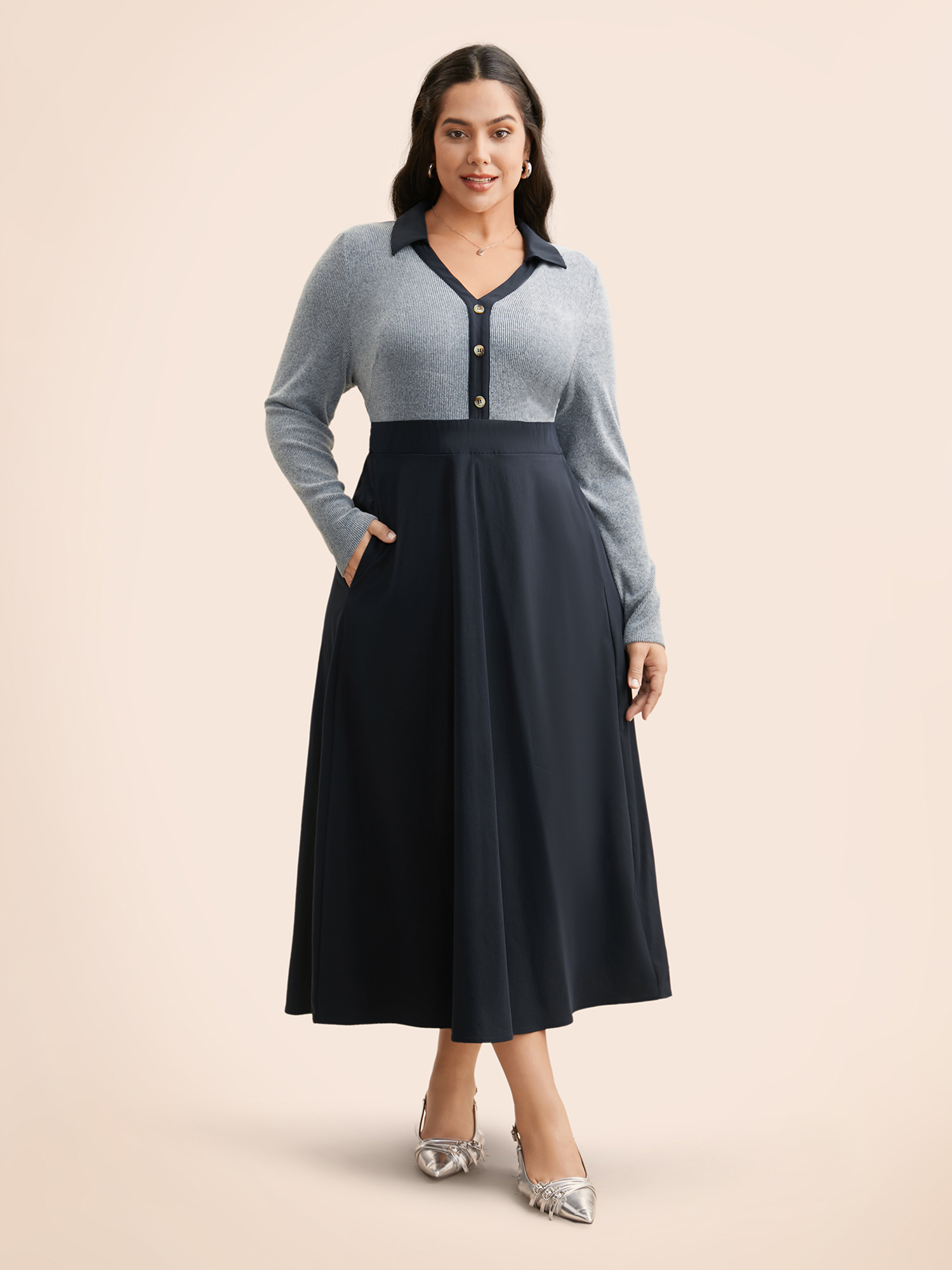 

Plus Size Contrast Shirt Collar Button Detail Dress Indigo Women Elegant Contrast Shirt collar Extra Long Sleeve Curvy BloomChic