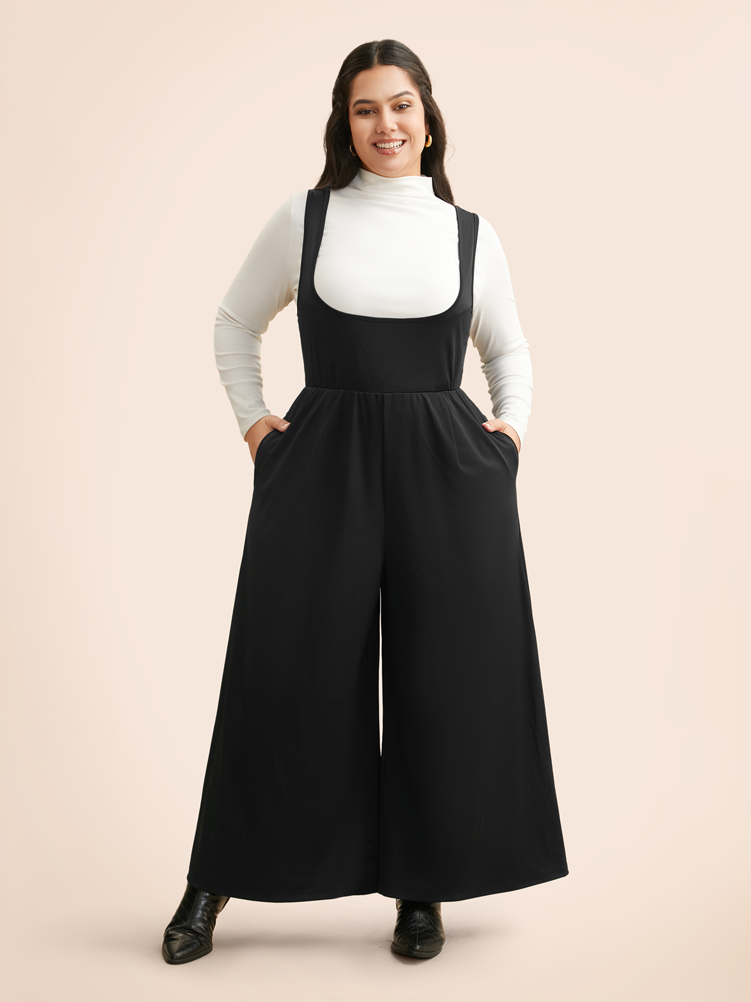 

Plus Size Black Solid Slightly Stretchy Pocket Jumpsuit Women Elegant Sleeveless Non Everyday Loose Jumpsuits BloomChic