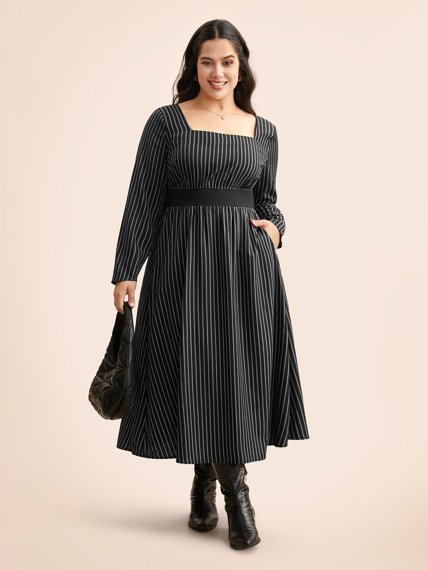 

Plus Size Square Neck Striped Patchwork Midi Dress Black Women At the Office Patchwork Square Neck Long Sleeve Curvy BloomChic