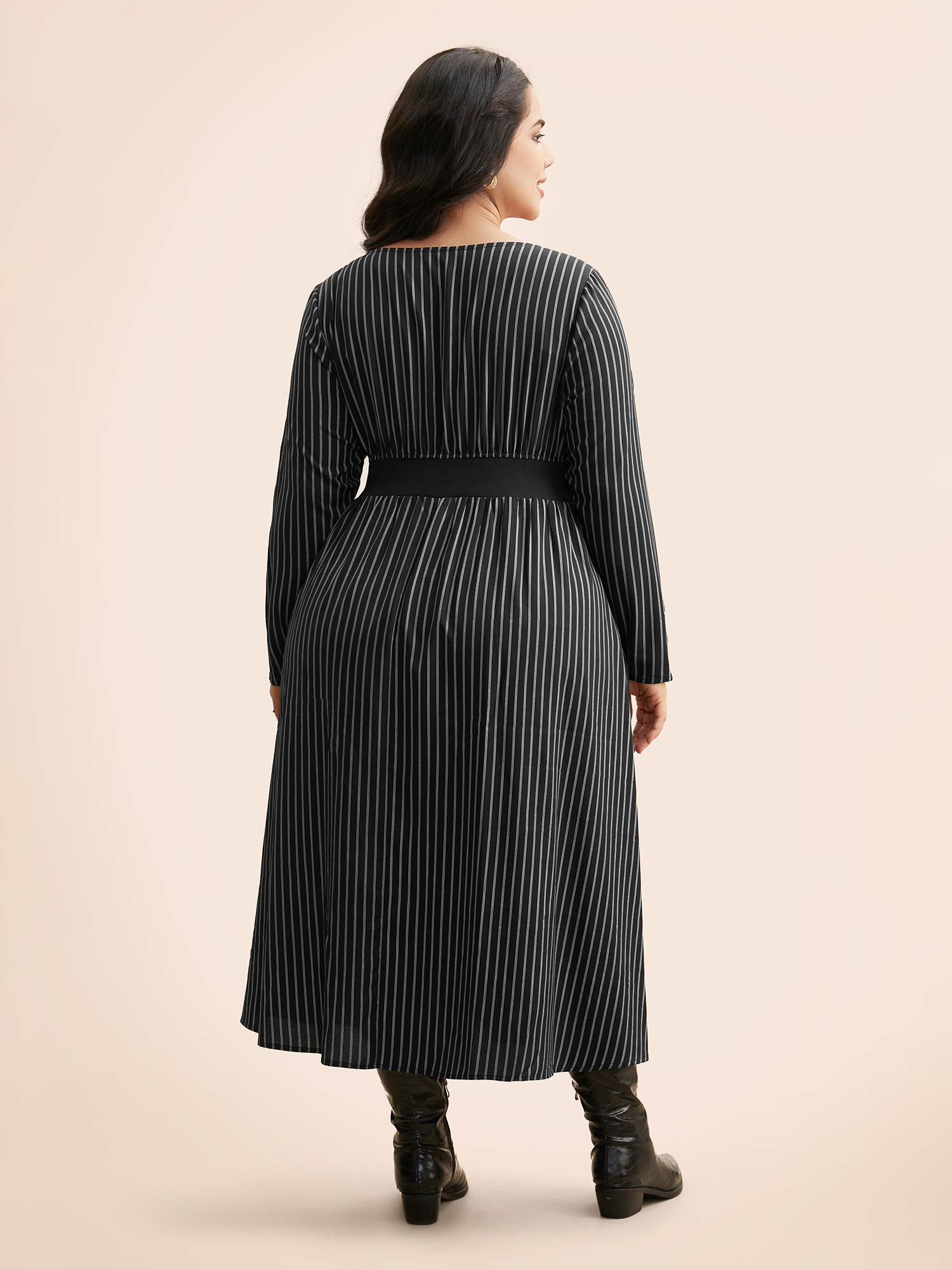 

Plus Size Square Neck Striped Patchwork Midi Dress Black Women At the Office Patchwork Square Neck Long Sleeve Curvy BloomChic