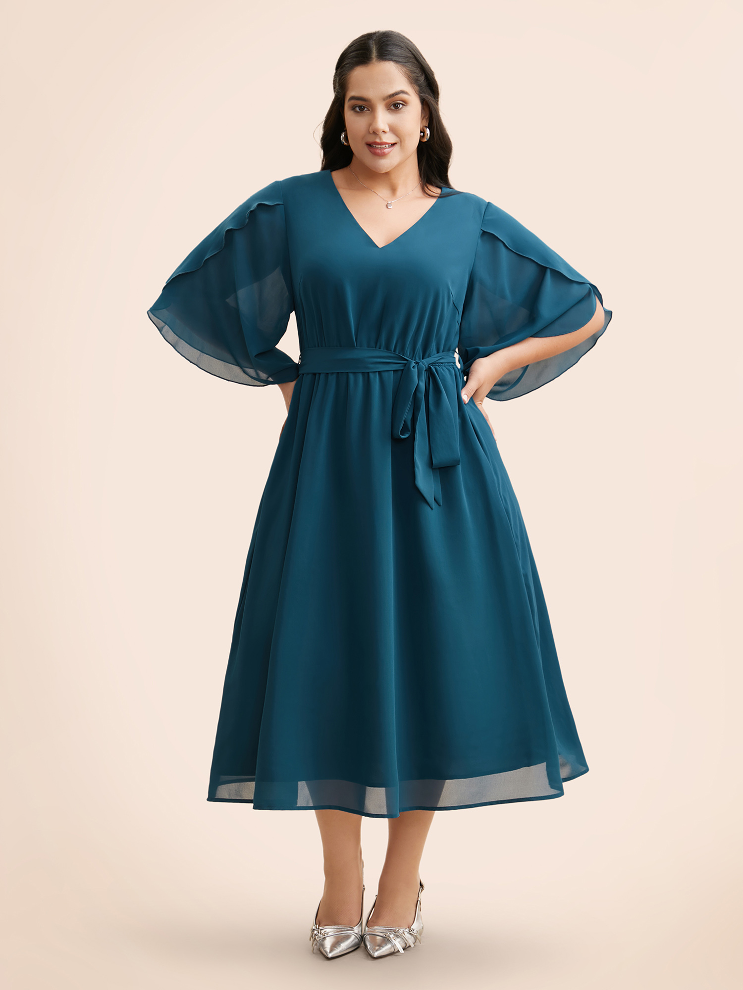 

Plus Size Chiffon Petal Sleeve Midi Dress Aegean Women Workwear Essentials Overlapping V-neck Elbow-length sleeve Curvy BloomChic