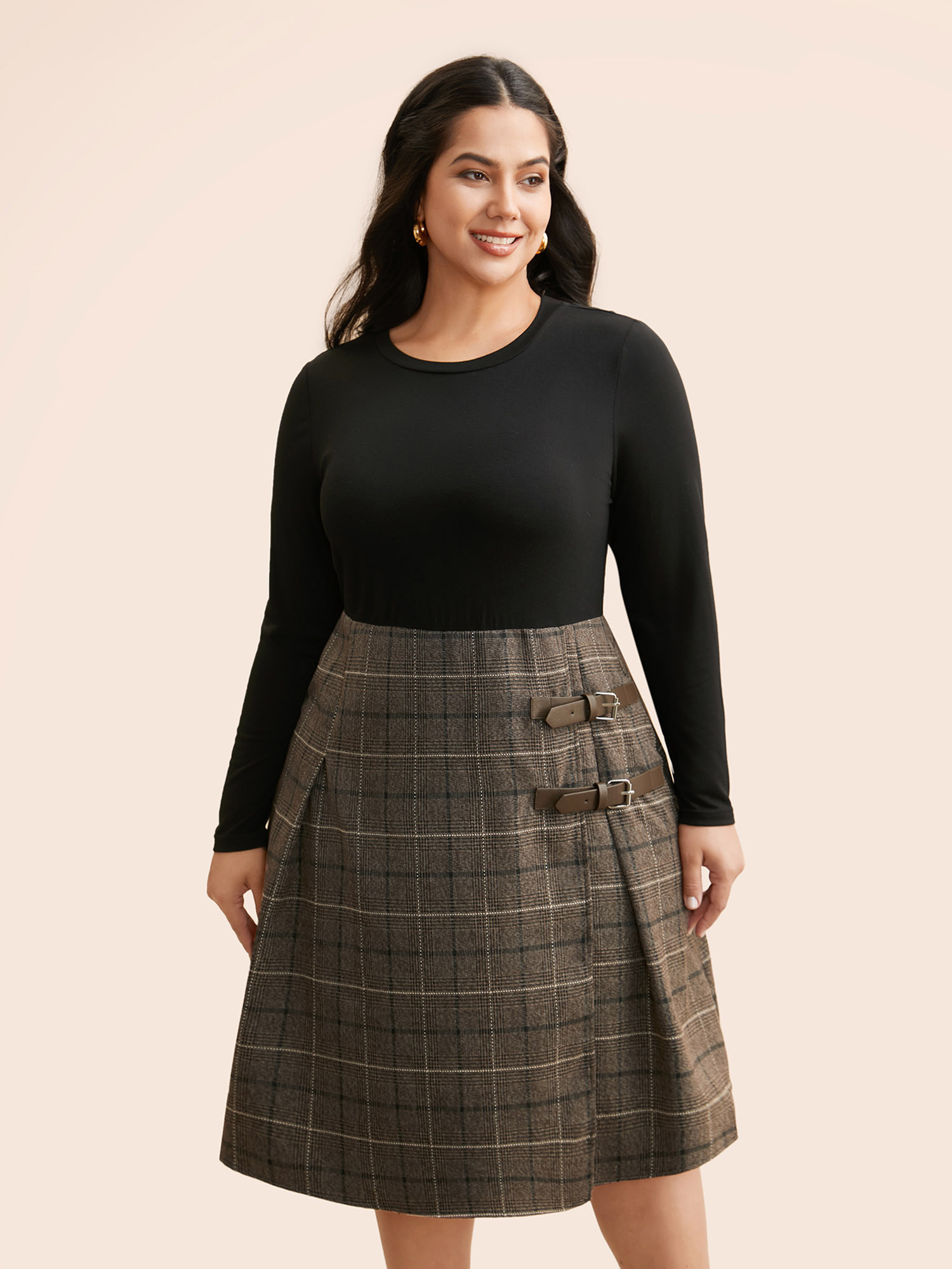 

Plus Size Plaid Patchwork Buckle Detail Pleated Dress Browncoffeecolor Women At the Office Overlapping Round Neck Long Sleeve Curvy BloomChic