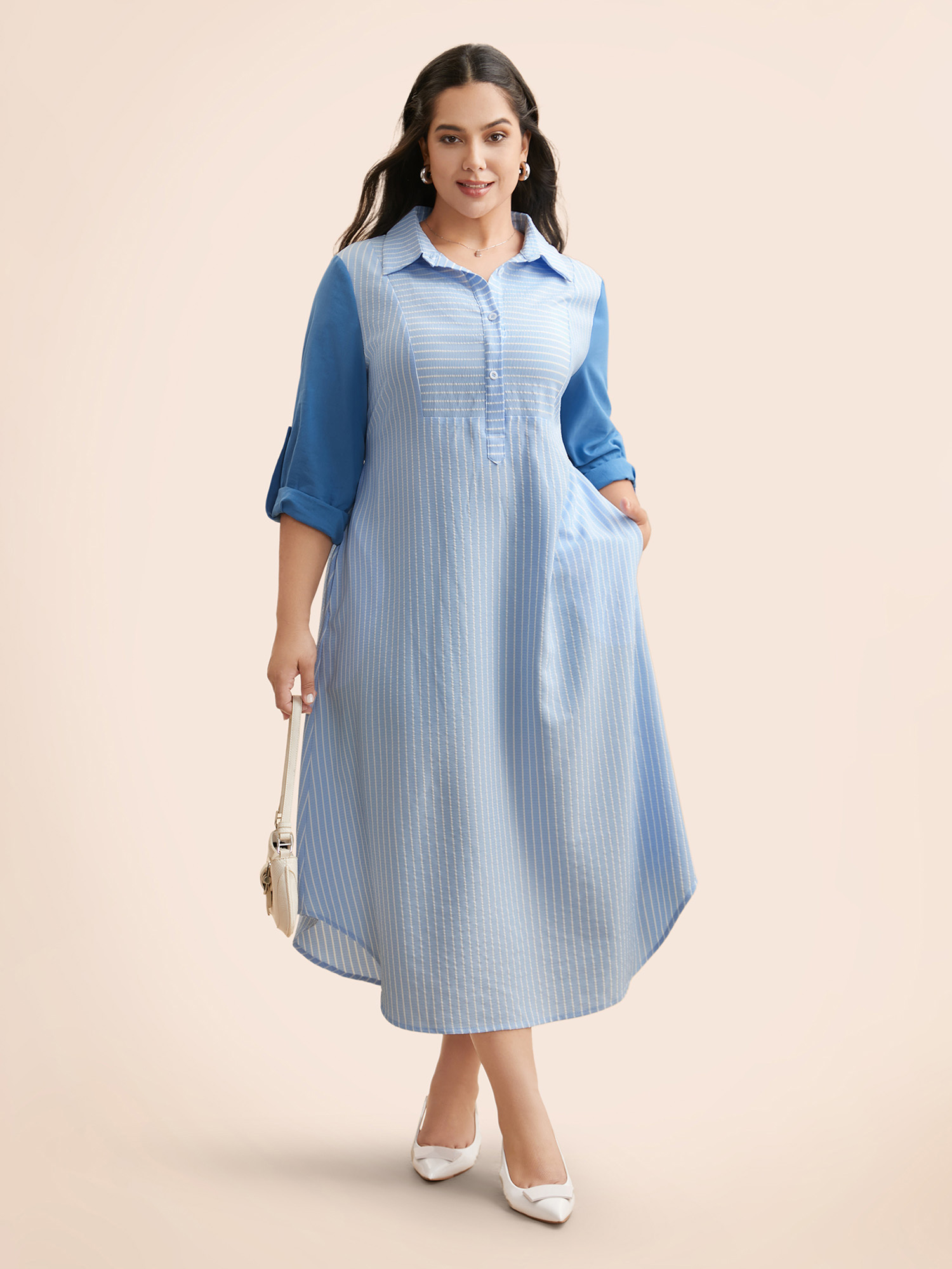 

Plus Size Striped Patchwork Contrast Tab Sleeve Dress Skyblue Women Work From Home Patchwork Shirt collar Long Sleeve Curvy BloomChic